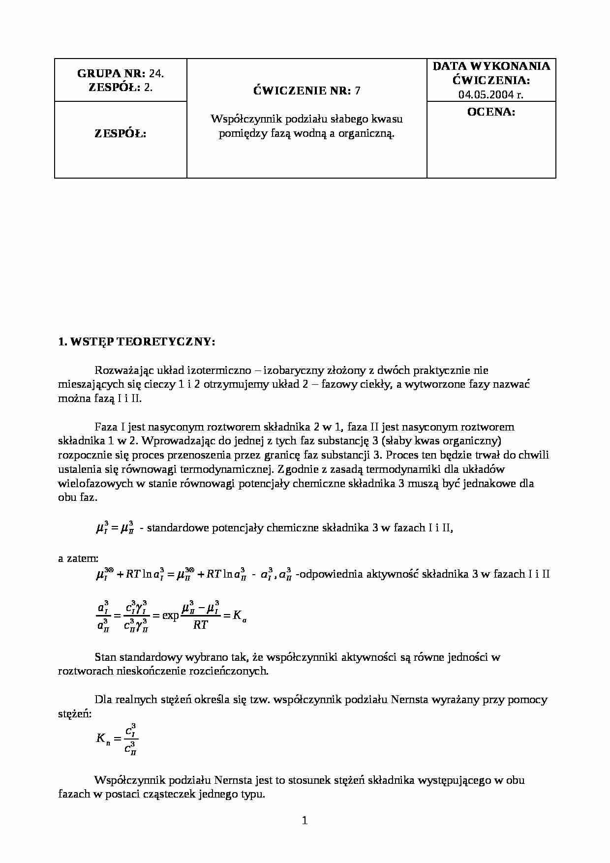 współczynnik podziału słabego kwasu - omówienie - strona 1