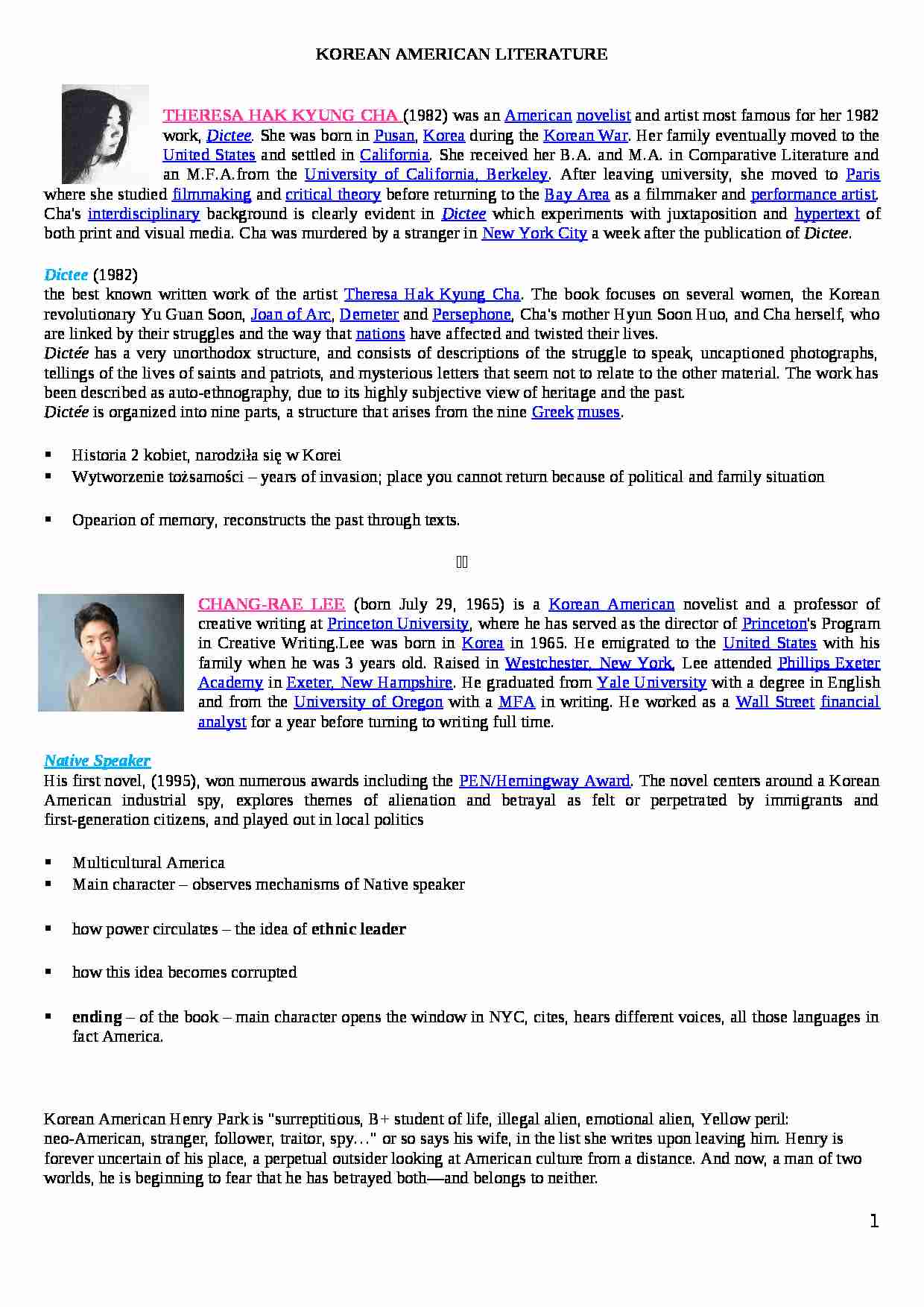 Korean American Literature-opracowanie - strona 1
