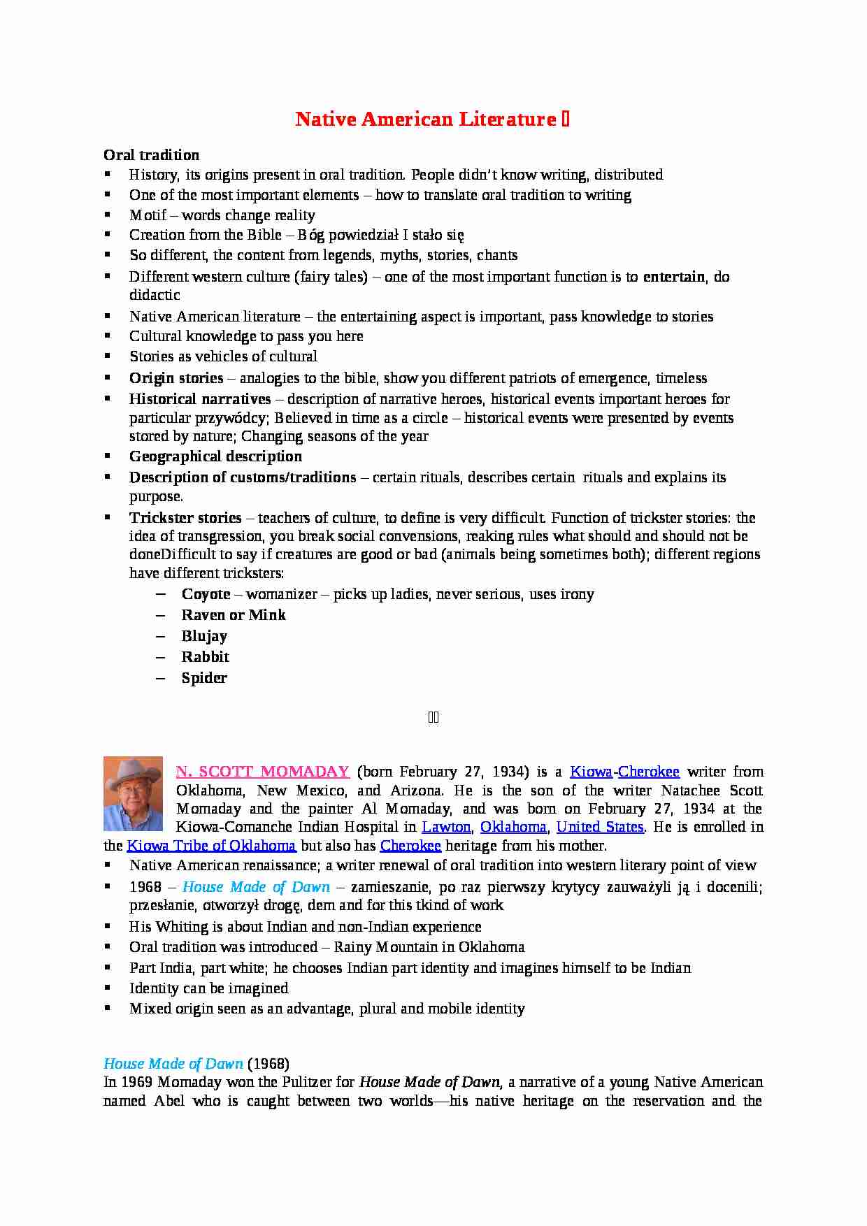 Native American Literature-opracowanie - strona 1