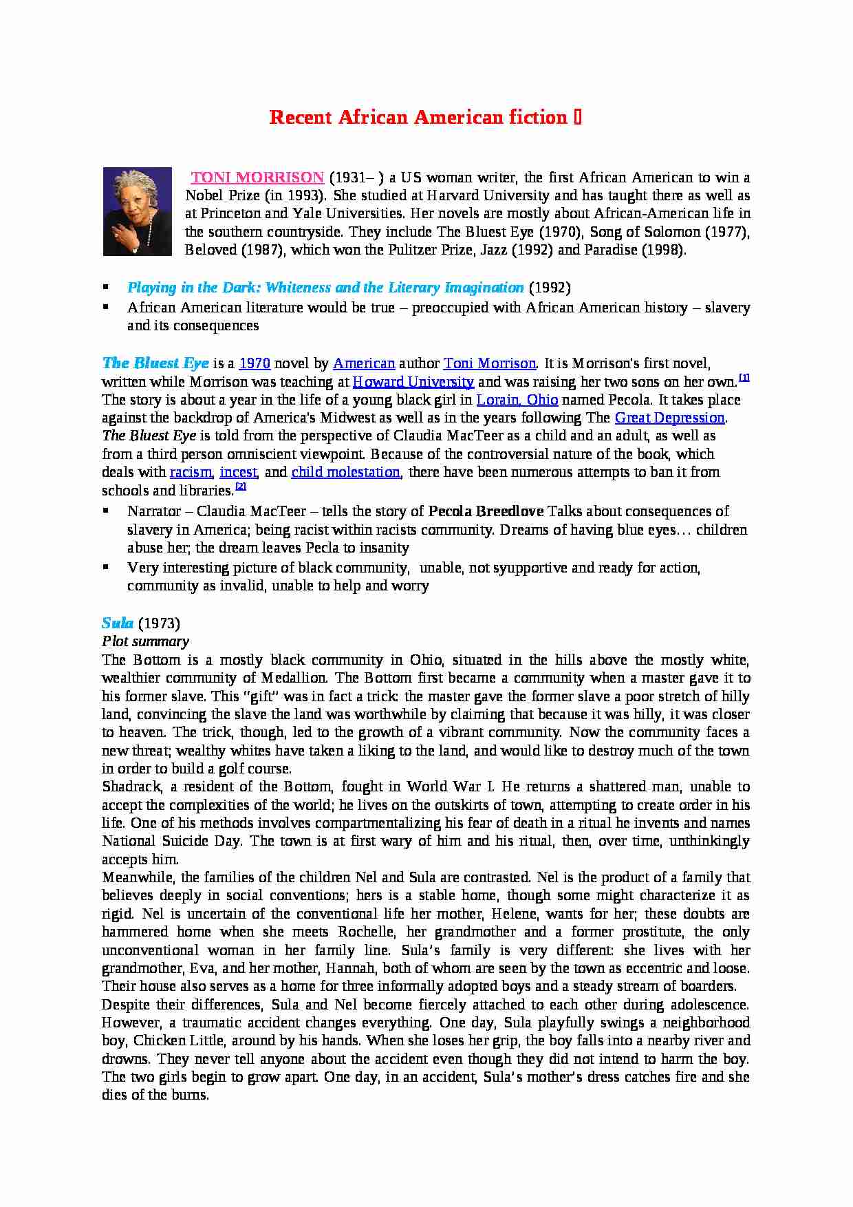 Recent African American fiction-opracowanie - strona 1