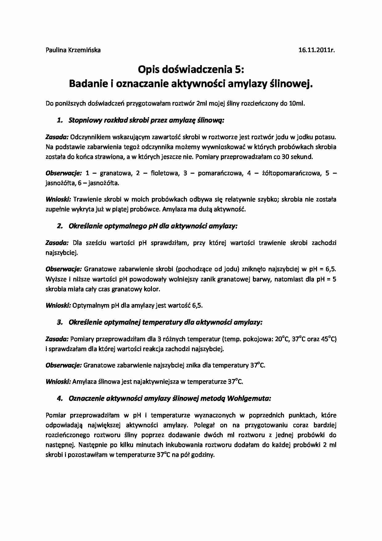 Badanie i oznaczanie aktywności amylazy ślinowej-doświadczenie - strona 1