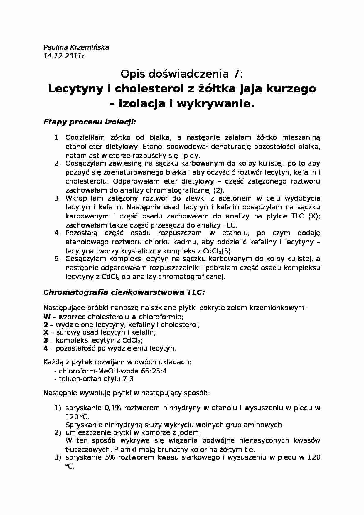 Lecytyny i cholesterol z żółtka jaja kurzego - izolacja i wykrywanie, TLC - strona 1