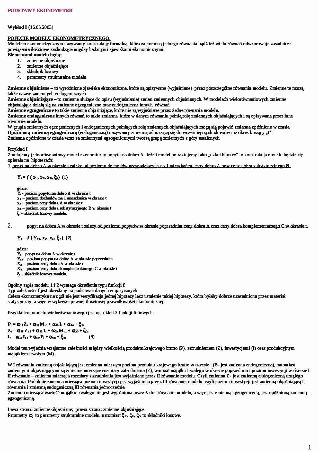 Podstawy Ekonometrii - wykłady - strona 1