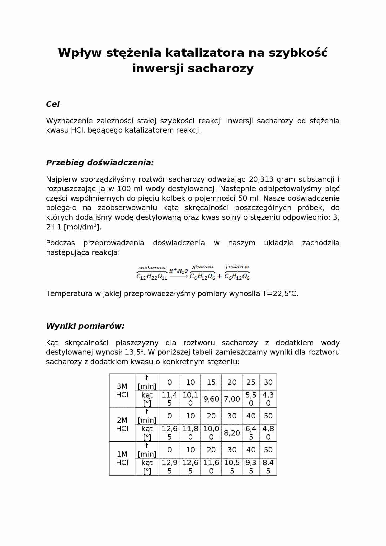 Wpływ stężenia katalizatora na szybkość inwersji sacharozy-opracowanie - strona 1