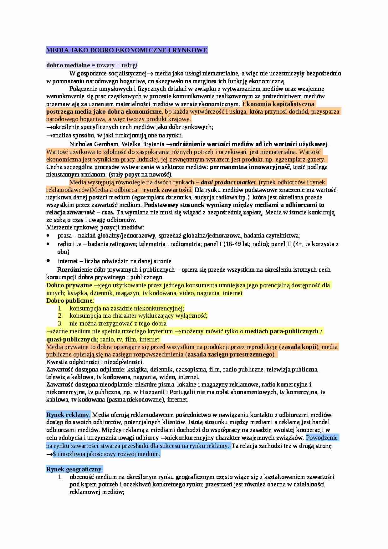 Media jako dobro ekonomiczne i rynkowe-opracowanie - strona 1