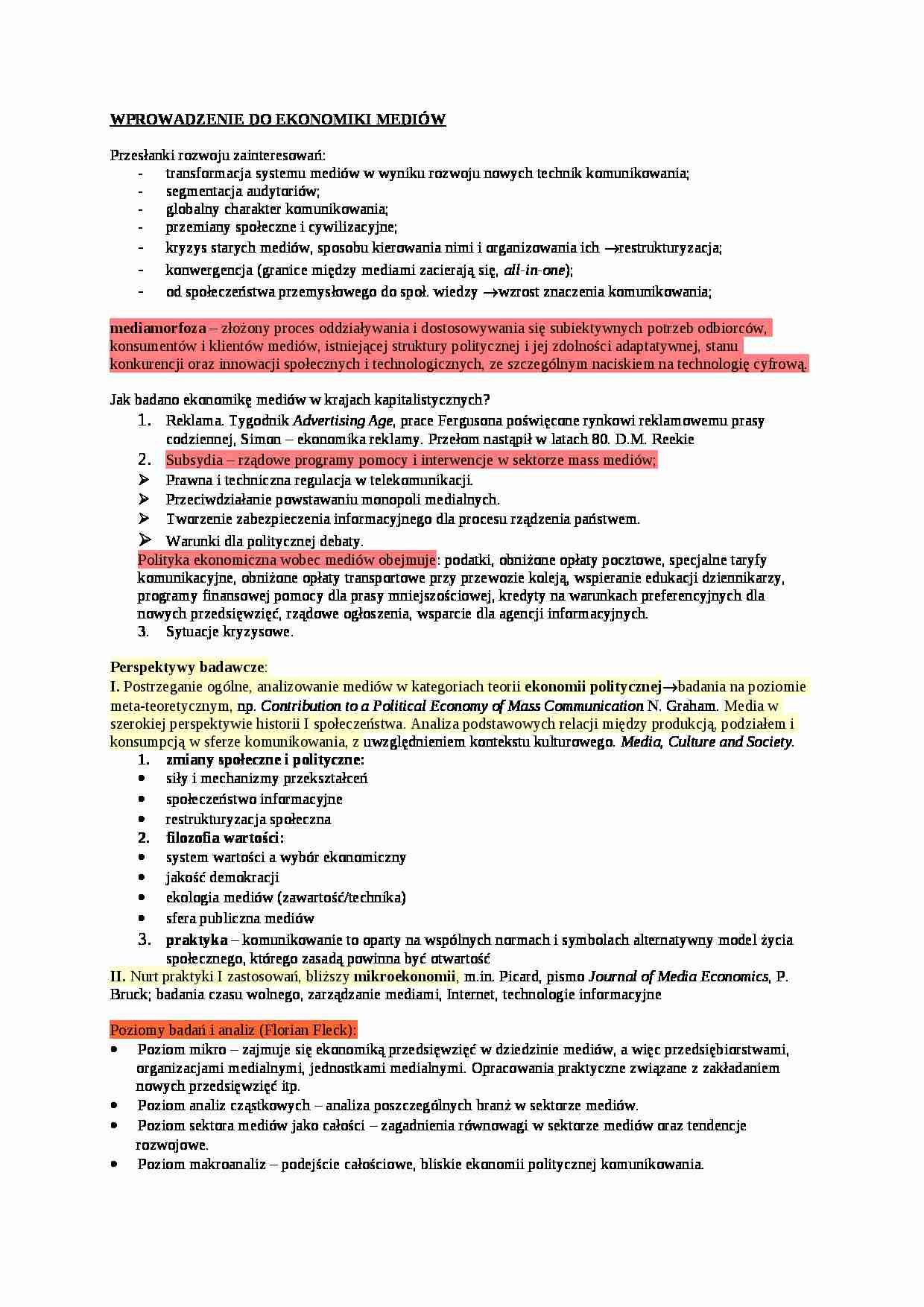 Wprowadzenie do ekonomiki mediów-opracowanie - strona 1