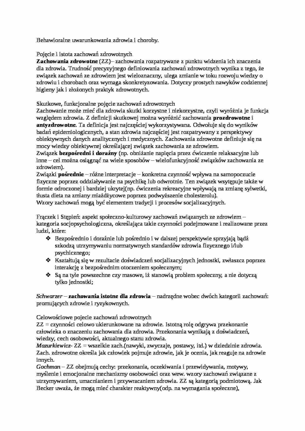 Behawioralne uwarunkowania zdrowia i choroby-opracowanie - strona 1