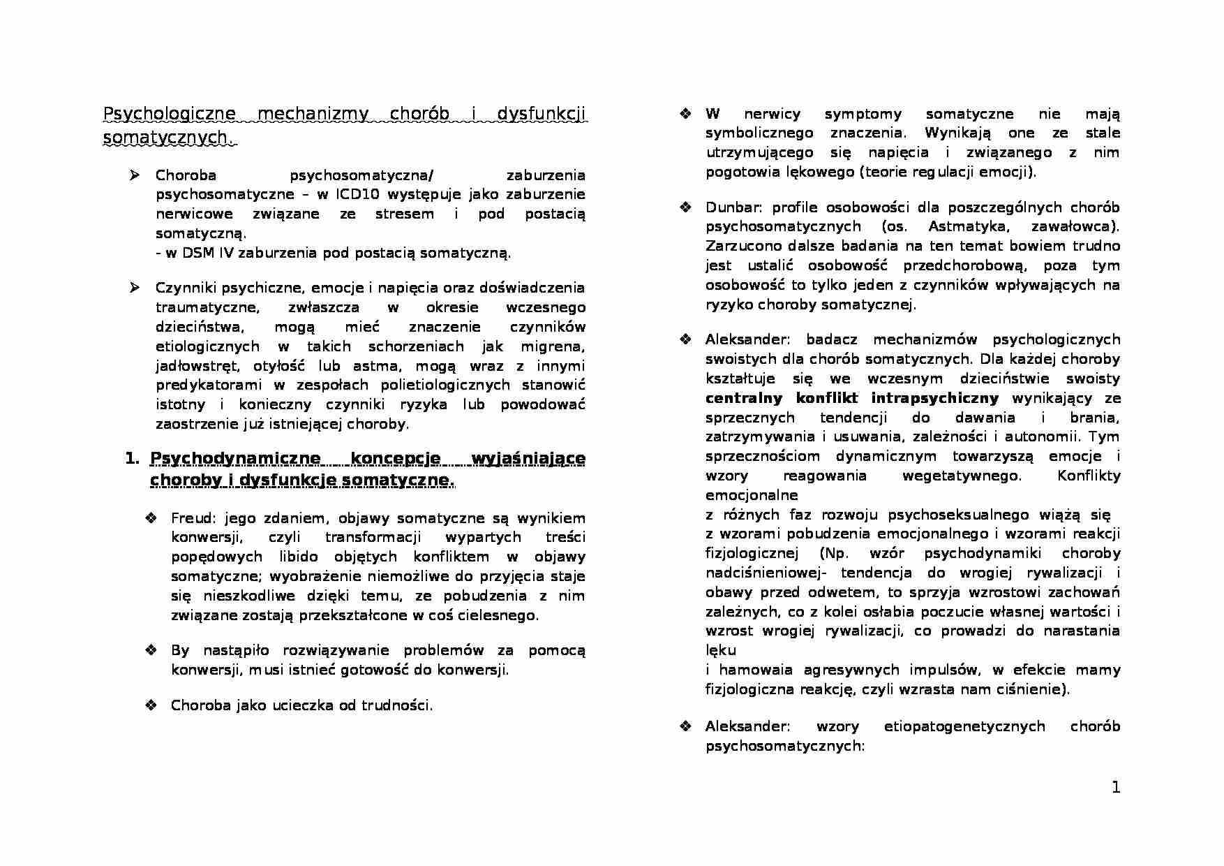 Psychologiczne mechanizmy chorób i dysfunkcji somatycznych-opracowanie - strona 1
