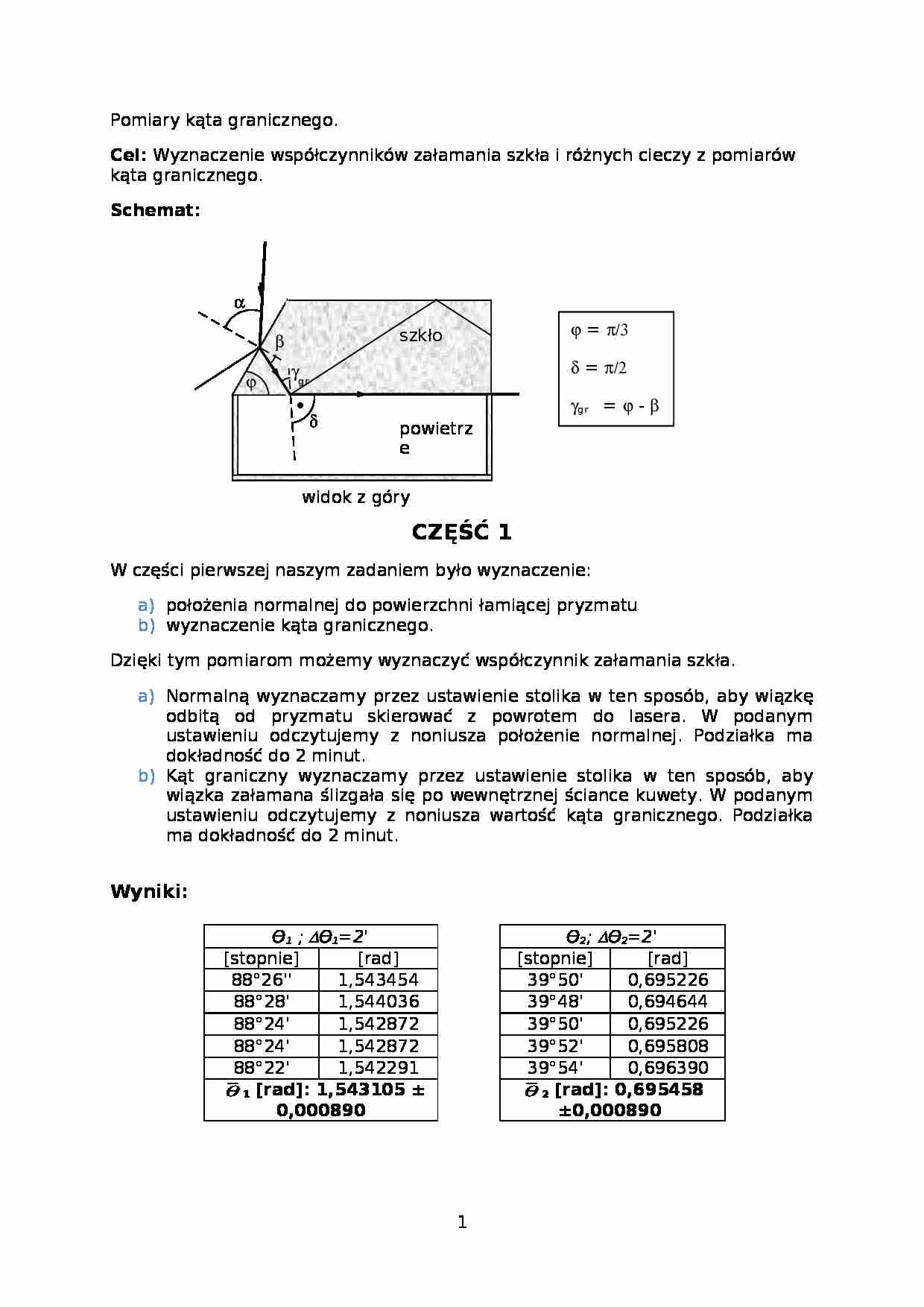 Pomiary kąta granicznego-opracowanie - Współczynnik załamania - strona 1