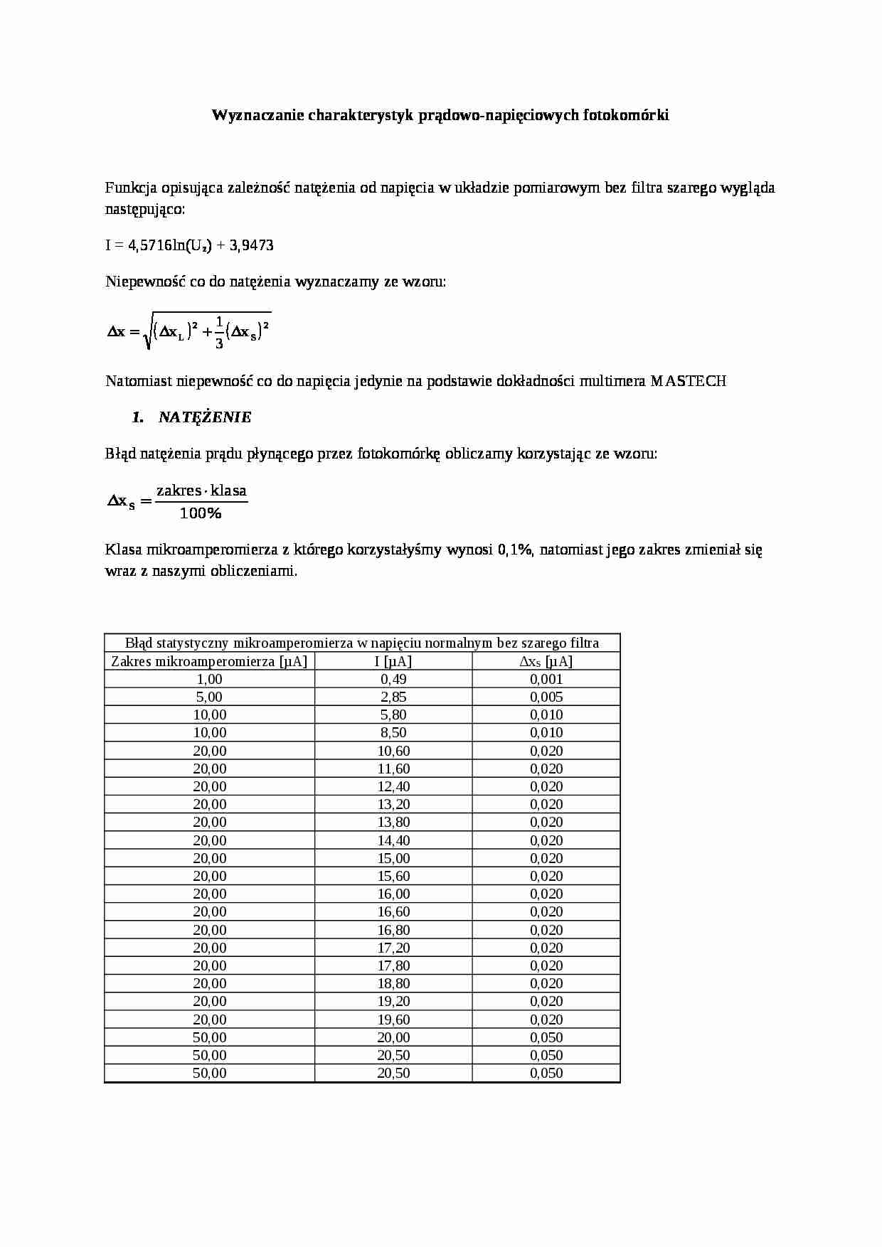 Wyznaczanie charakterystyk prądowo-napięciowych fotokomórki-opracowanie - strona 1