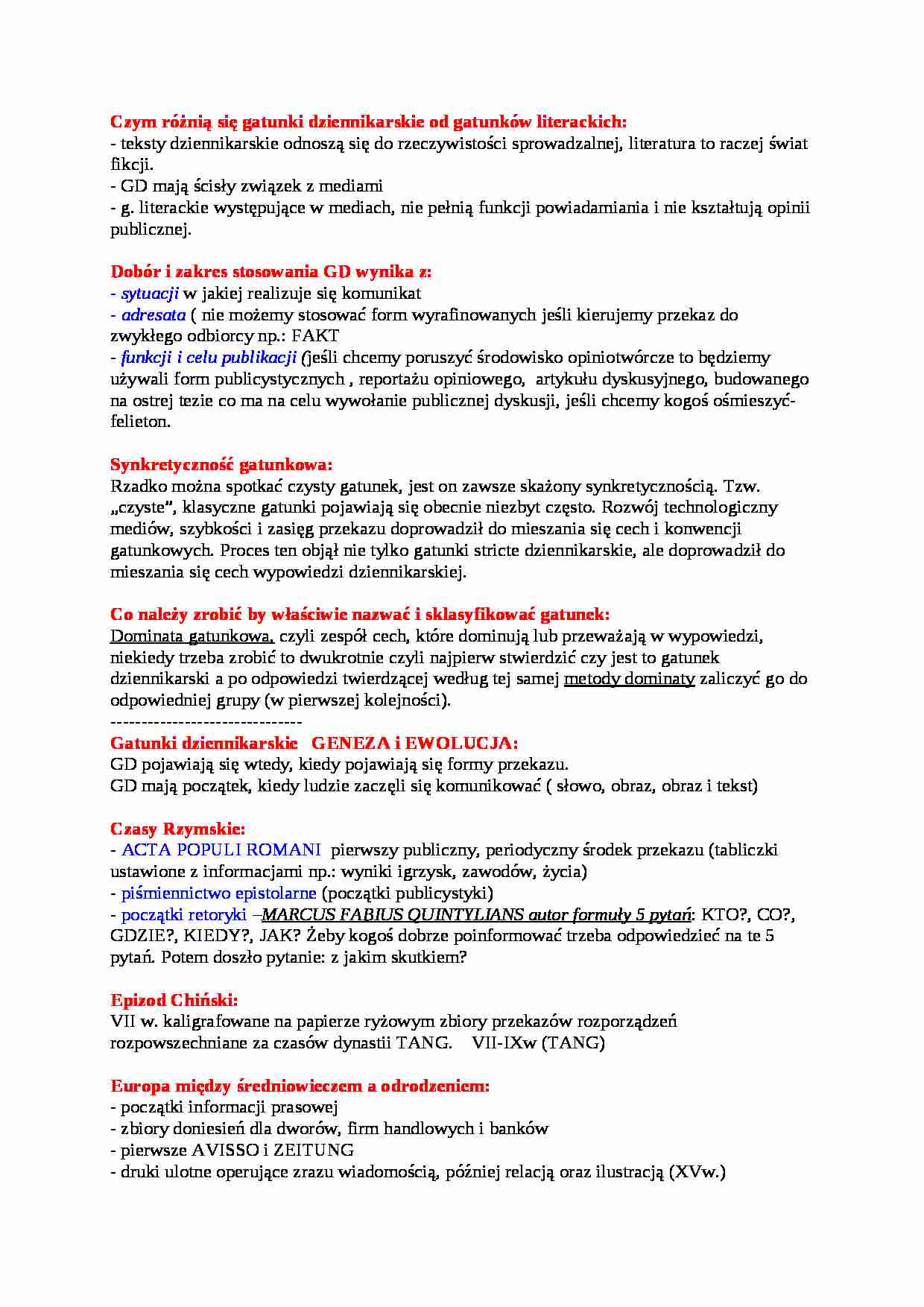 Gatunki dziennikarskie a gatunki literackie-opracowanie - strona 1