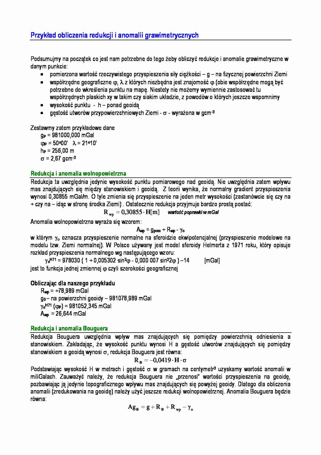 Przykład obliczenia redukcji i anomalii grawimetrycznych  - strona 1