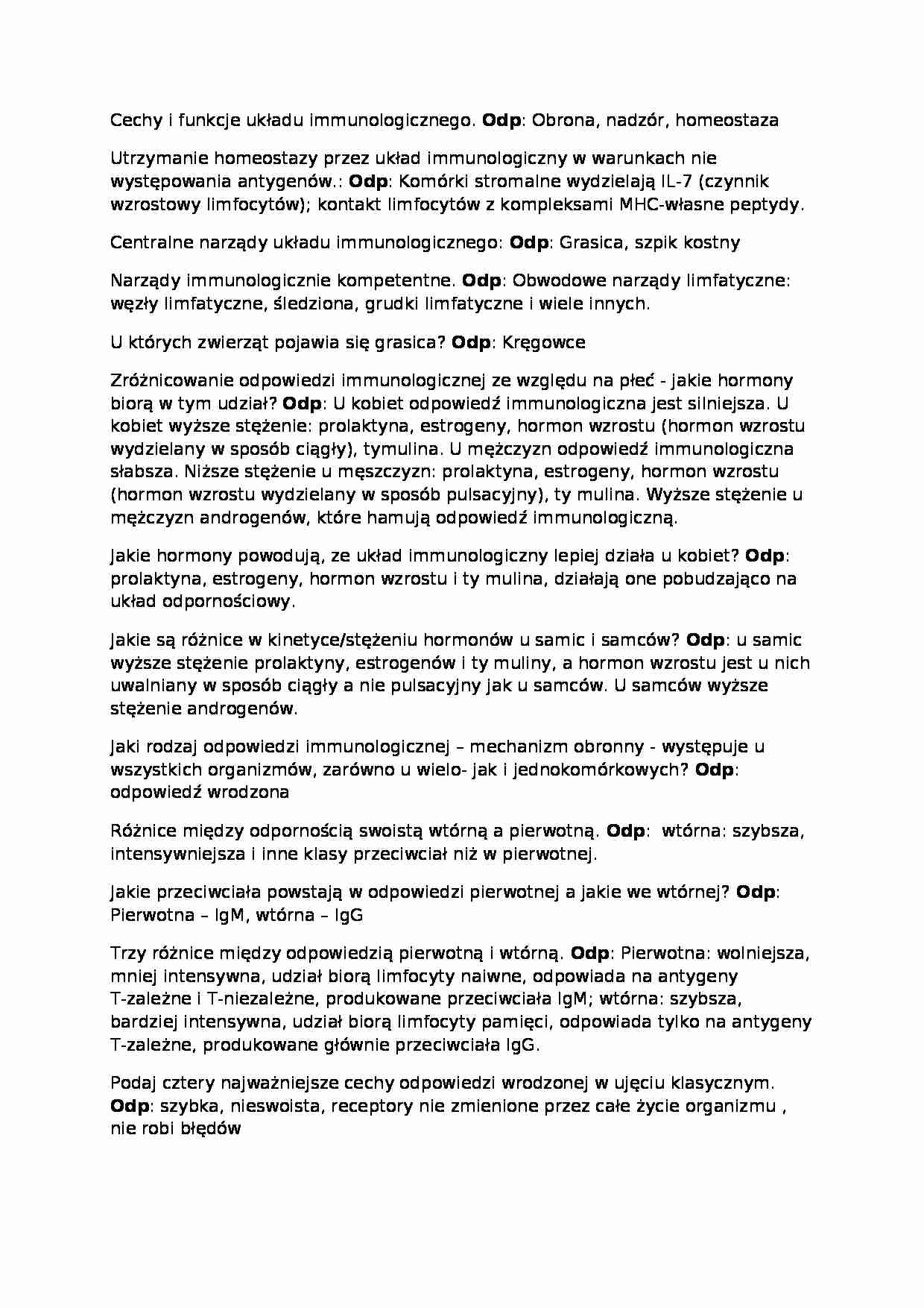 Cechy i funkcje układu immunologicznego-opracowanie - strona 1