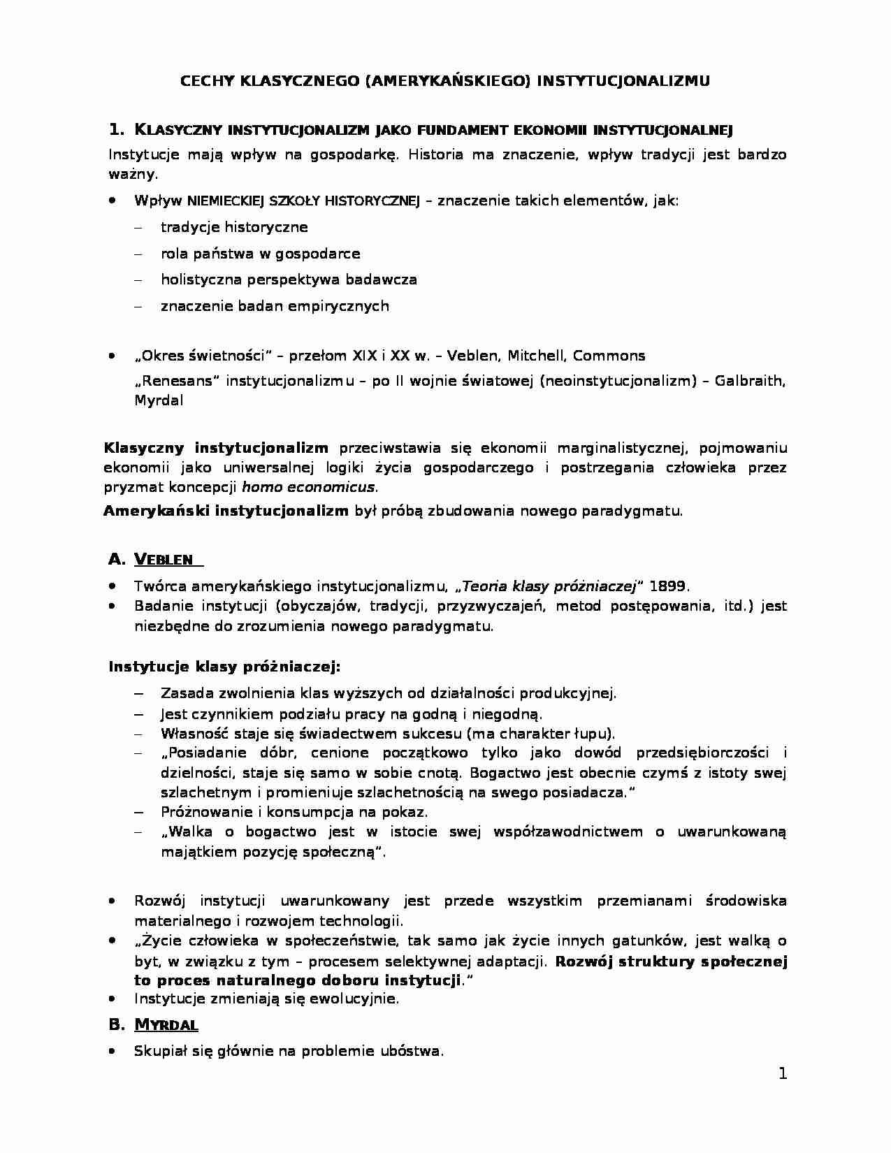 Cechy klasycznego instytucjonalizmu-opracowanie - strona 1