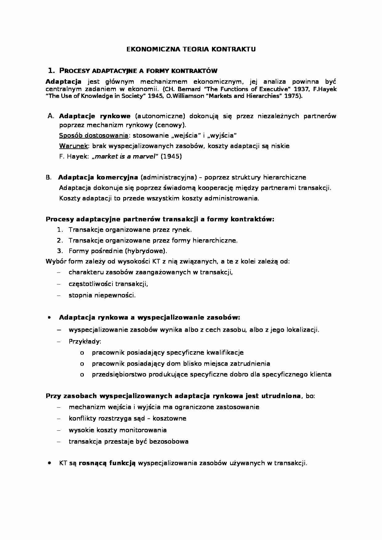 Ekonomiczna teoria kontraktu-opracowanie - strona 1