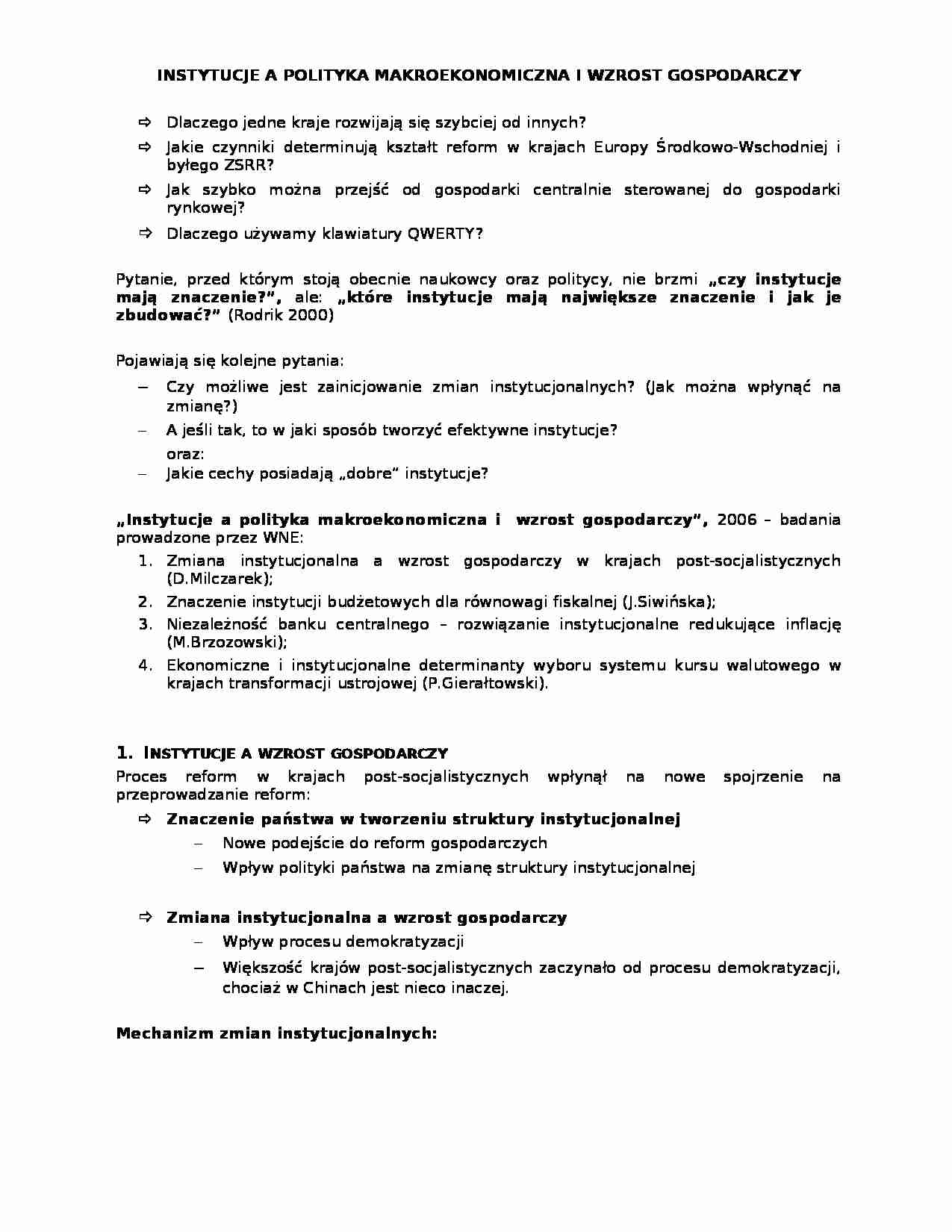 Instytucje a polityka makroekonomiczna i wzrost gospodarczy-opracowanie - strona 1