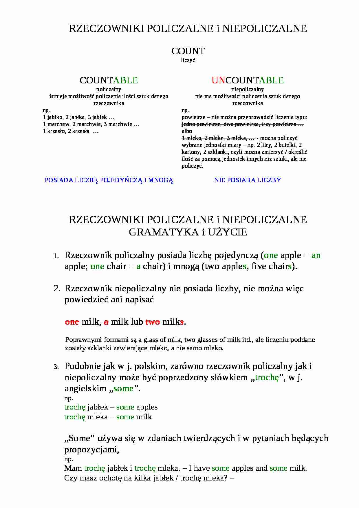 Rzeczowniki policzalne i niepoliczalne-opracowanie - strona 1