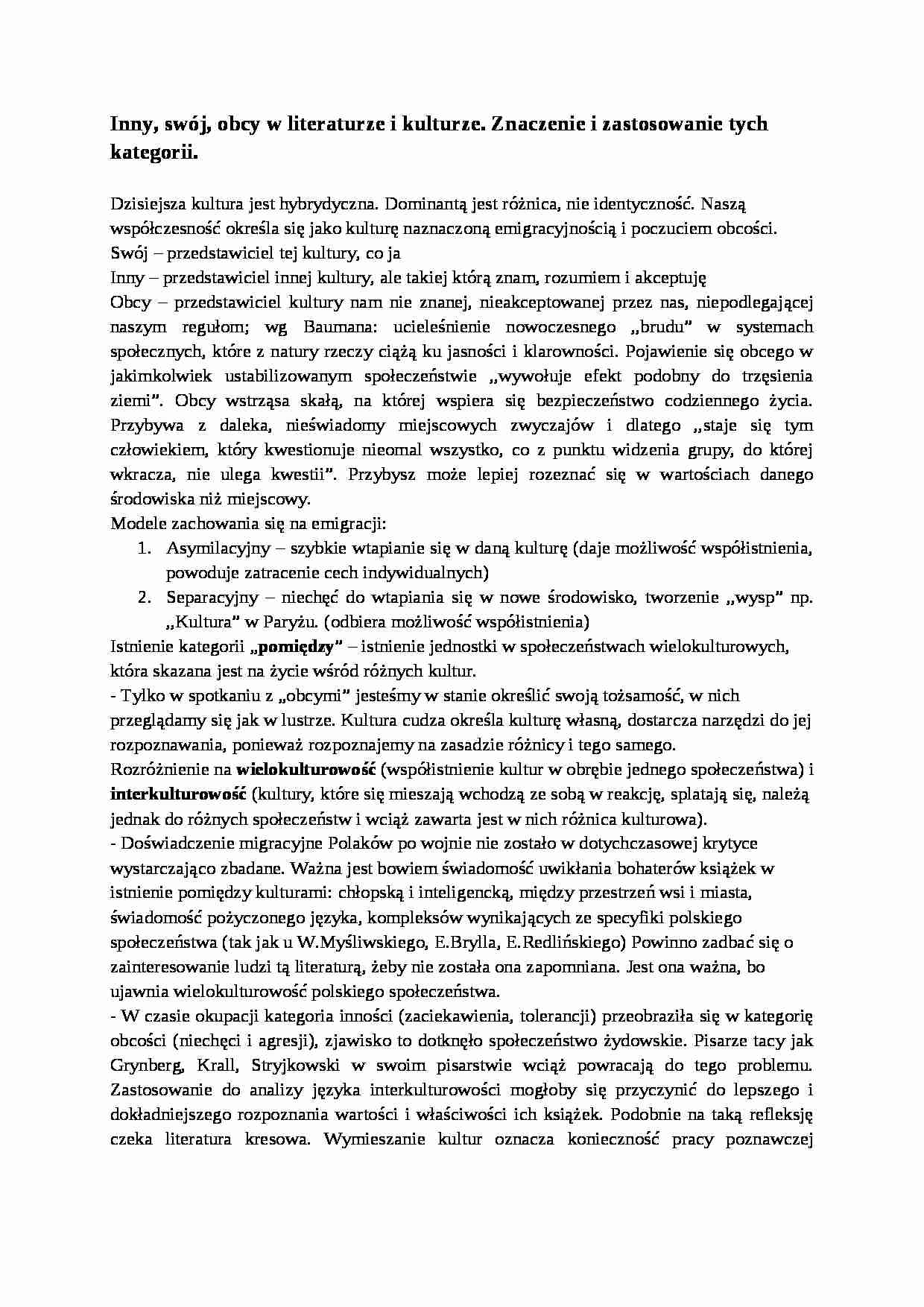 Inny, swój, obcy w literaturze i kulturze-opracowanie - strona 1