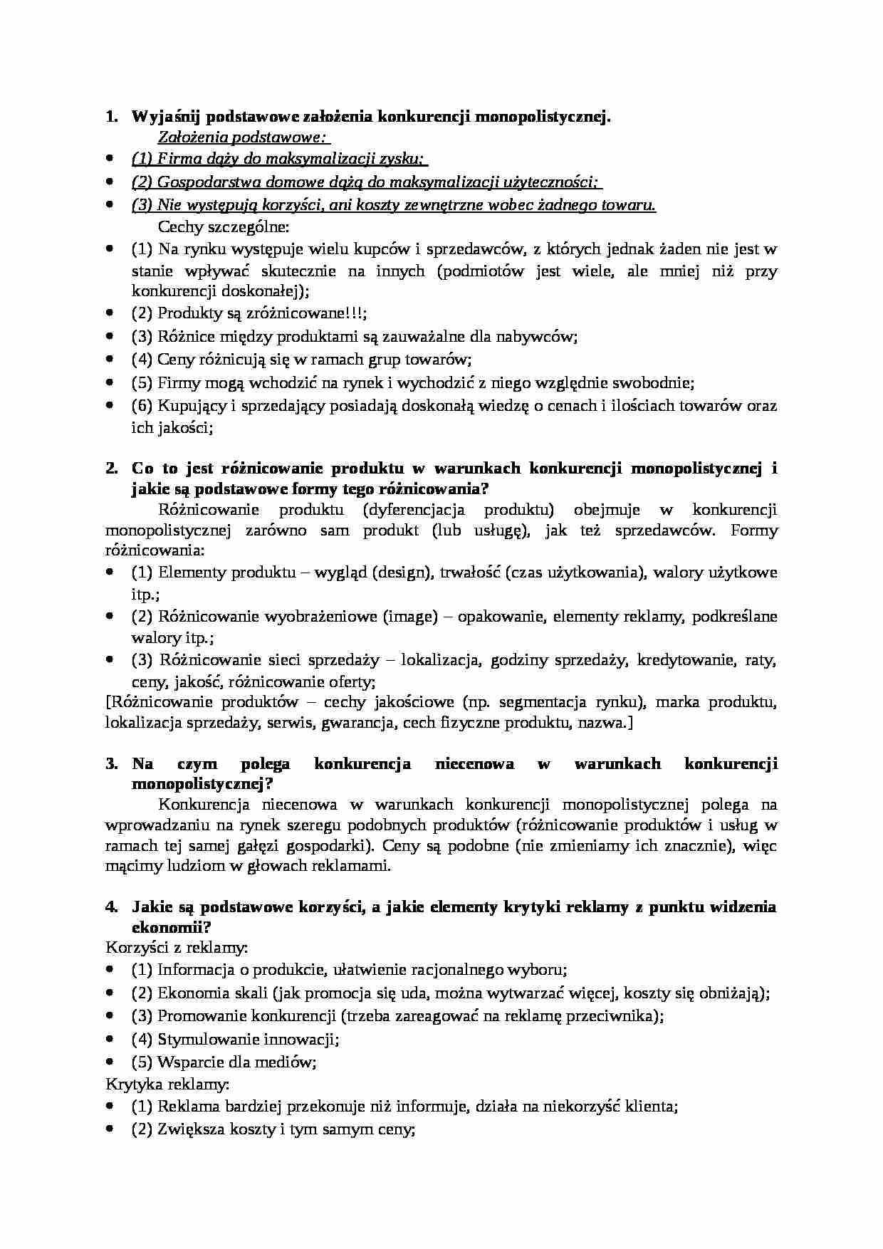 Podstawowe założenia konkurencji monopolistycznej-opracowanie - strona 1