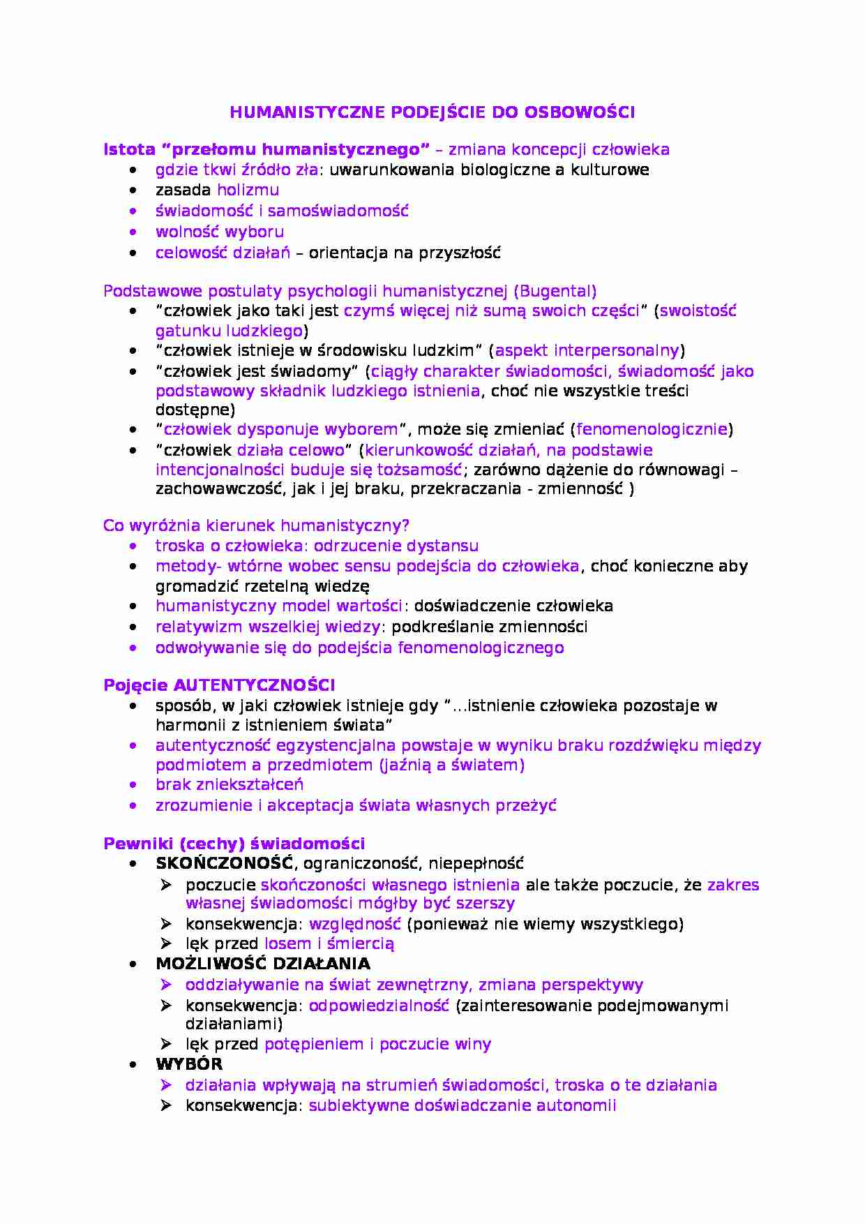 Humanistyczne podejście do osobowości-opracowanie - strona 1