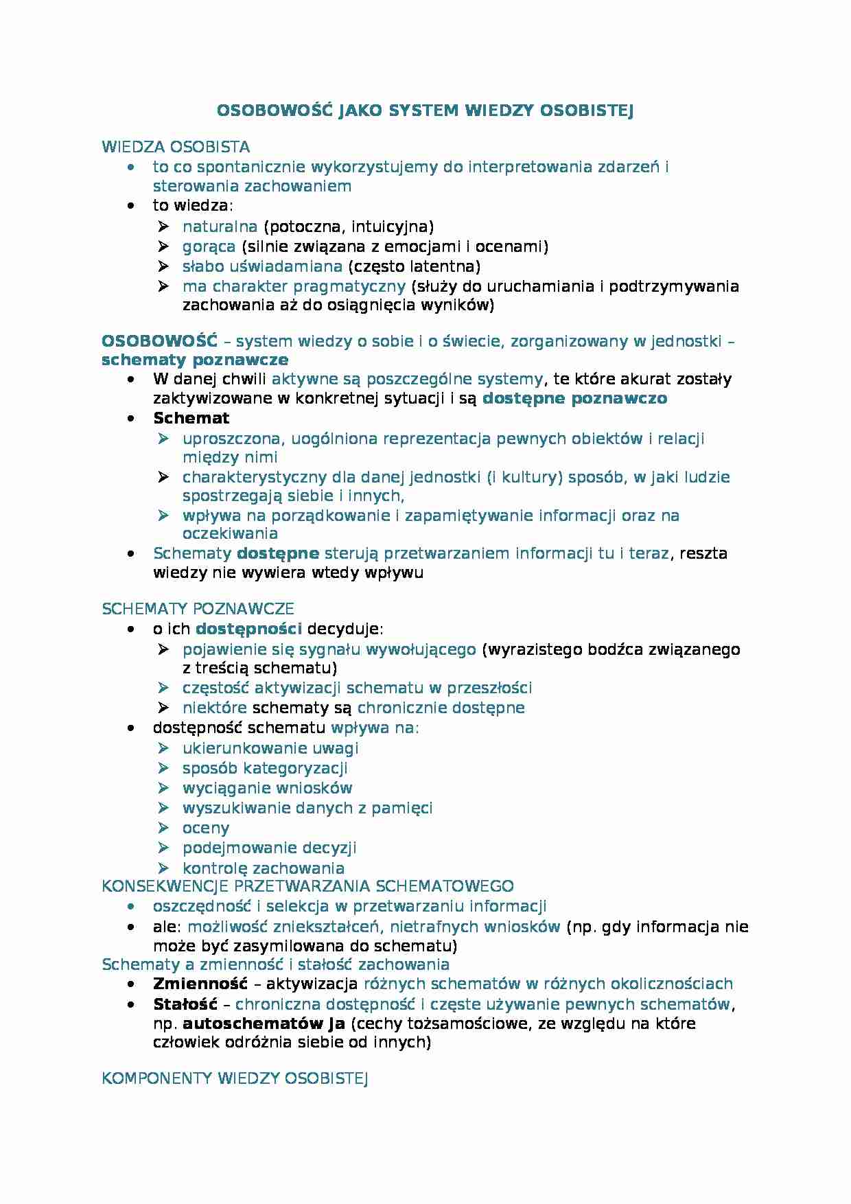 Osobowość jako system wiedzy osobistej-opracowanie - strona 1