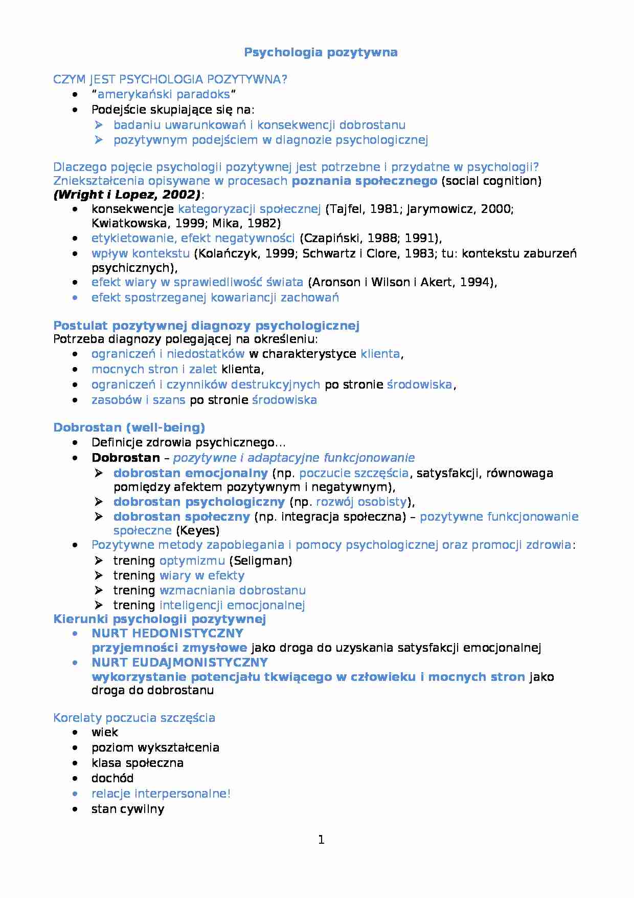Psychologia pozytywna-opracowanie - strona 1