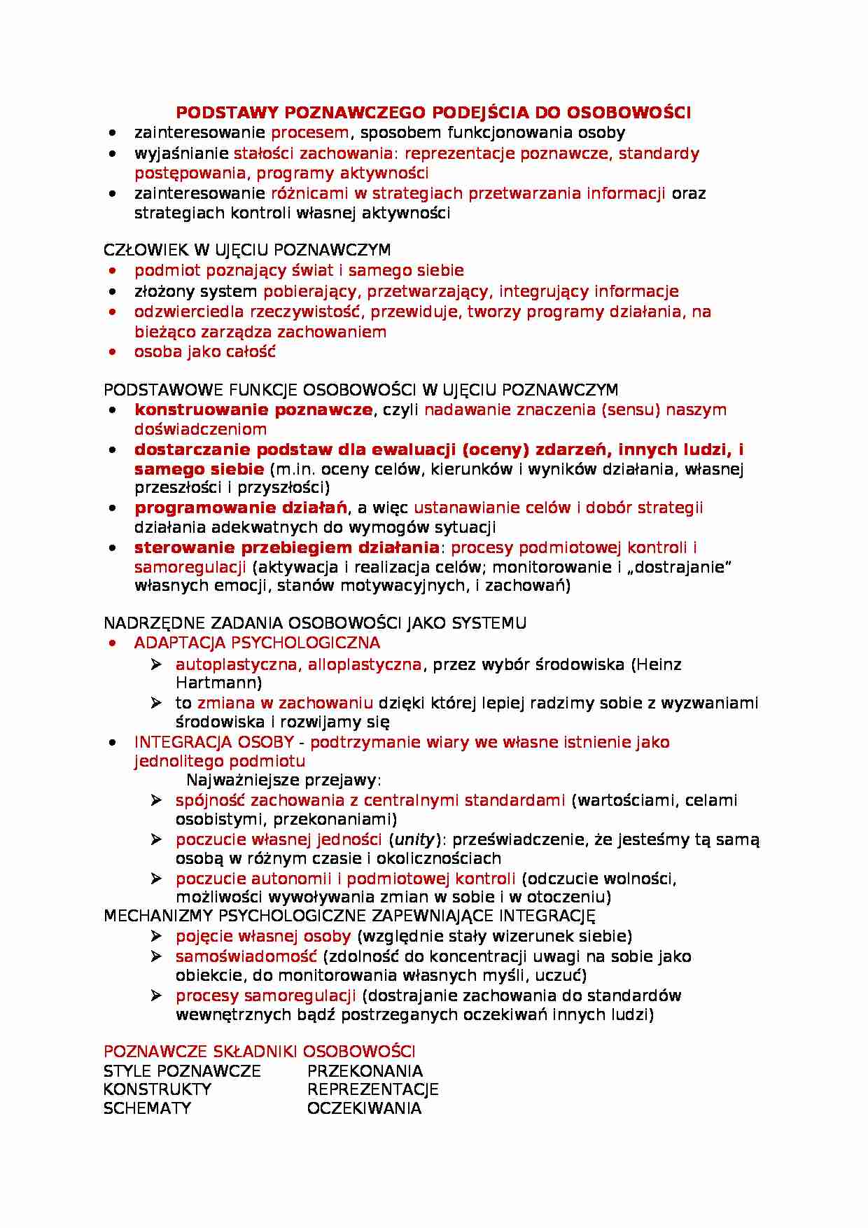 Podstawy poznawczego podejścia do osobowości-opracowanie - strona 1