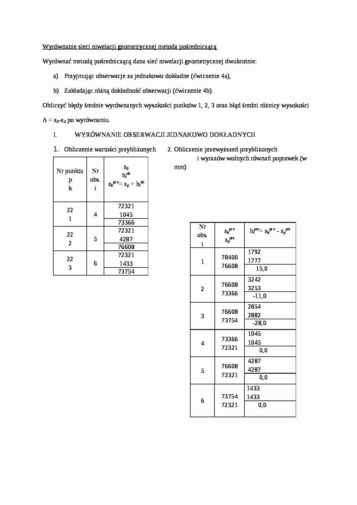 Wyrównanie sieci niwelacji geometrycznej metodą pośredniczącą-opracowanie - strona 1