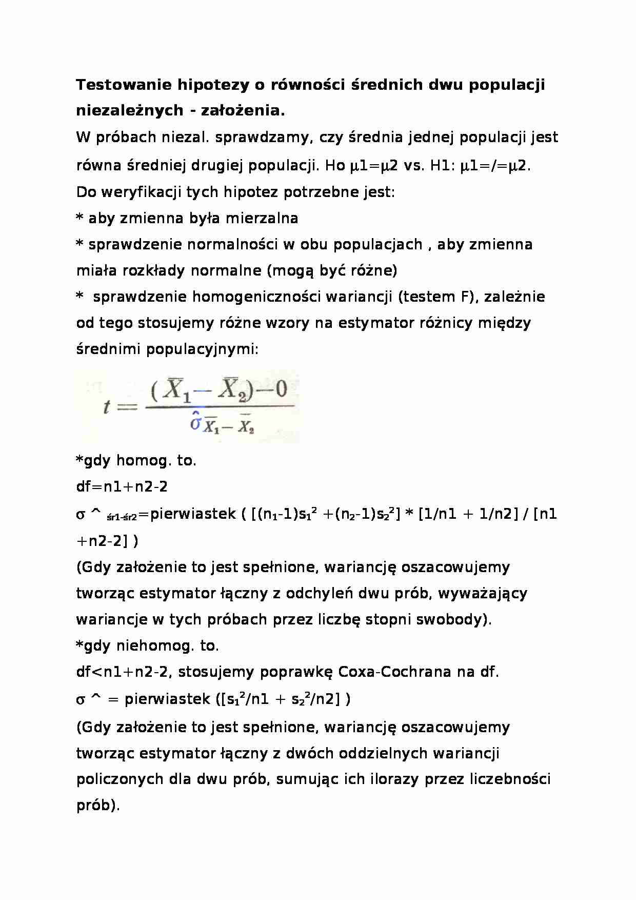Testowanie hipotezy o równości średnich dwu populacji niezależnych-opracowanie - strona 1