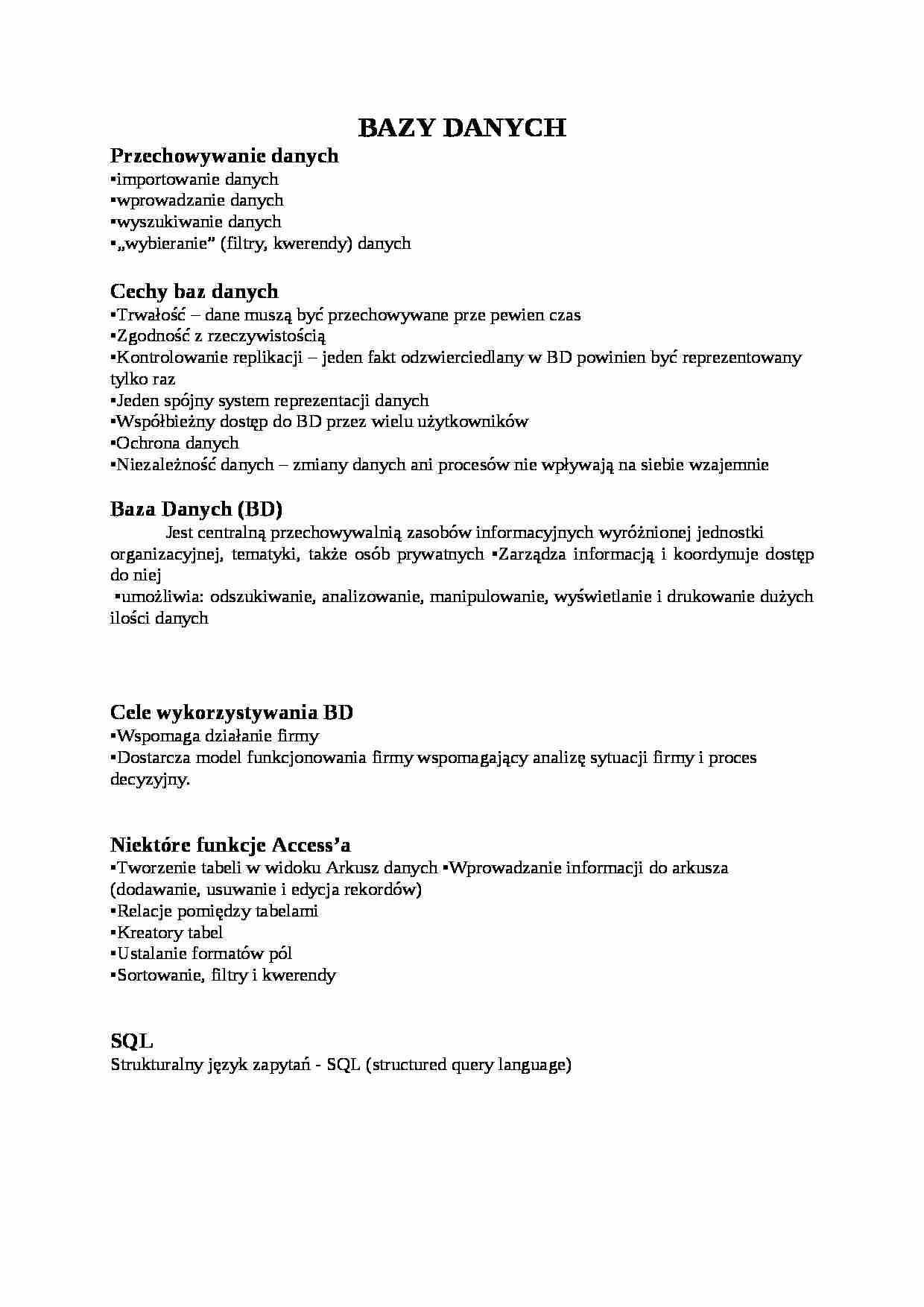 Bazy danych - funkcje Access'a - opracowanie - strona 1