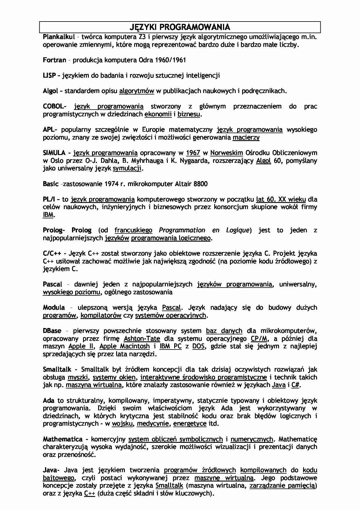 Języki programowowania-opracowanie - strona 1
