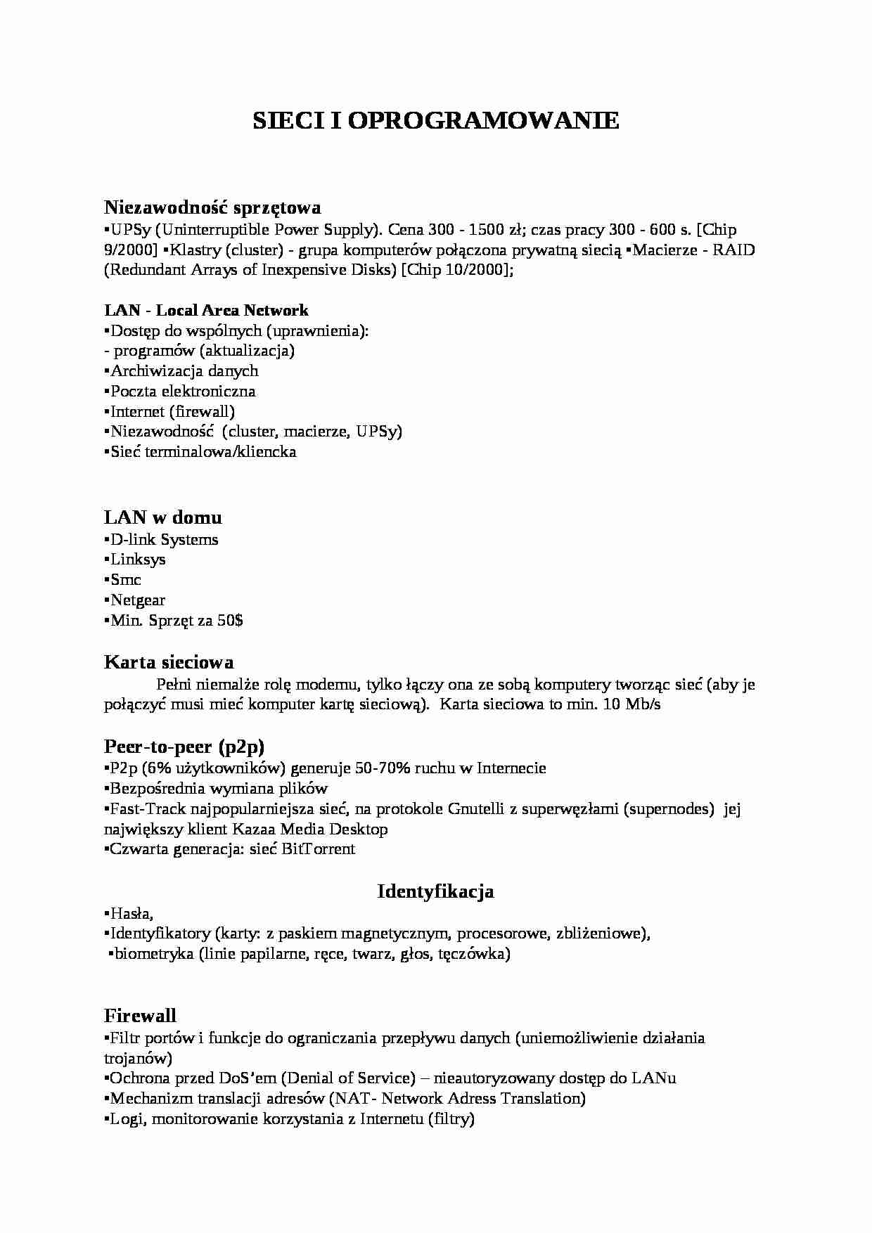 Sieci i oprogramowanie-opracowanie - strona 1