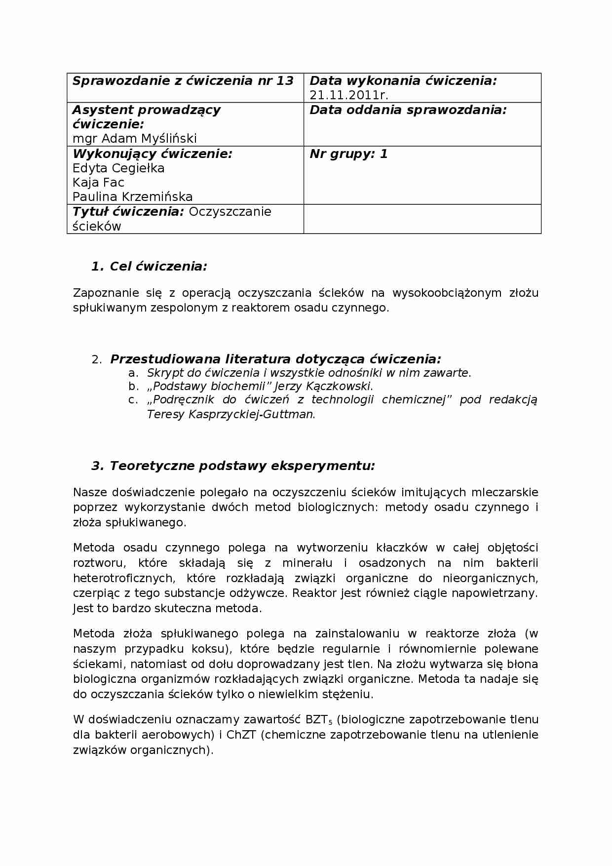 Oczyszczanie ścieków-sprawozdanie z ćwiczenia  - strona 1