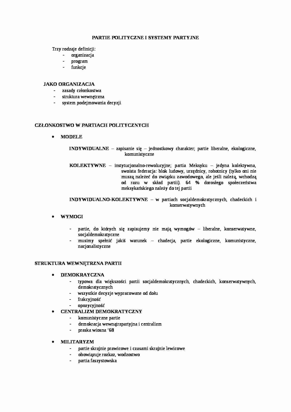Partie polityczne i systemy partyjne-opracowanie - strona 1