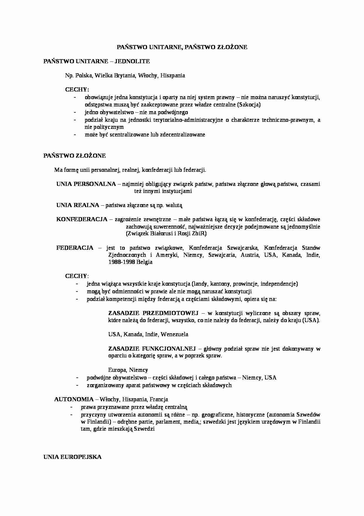 Państwo unitarne, złożone-opracowanie - strona 1