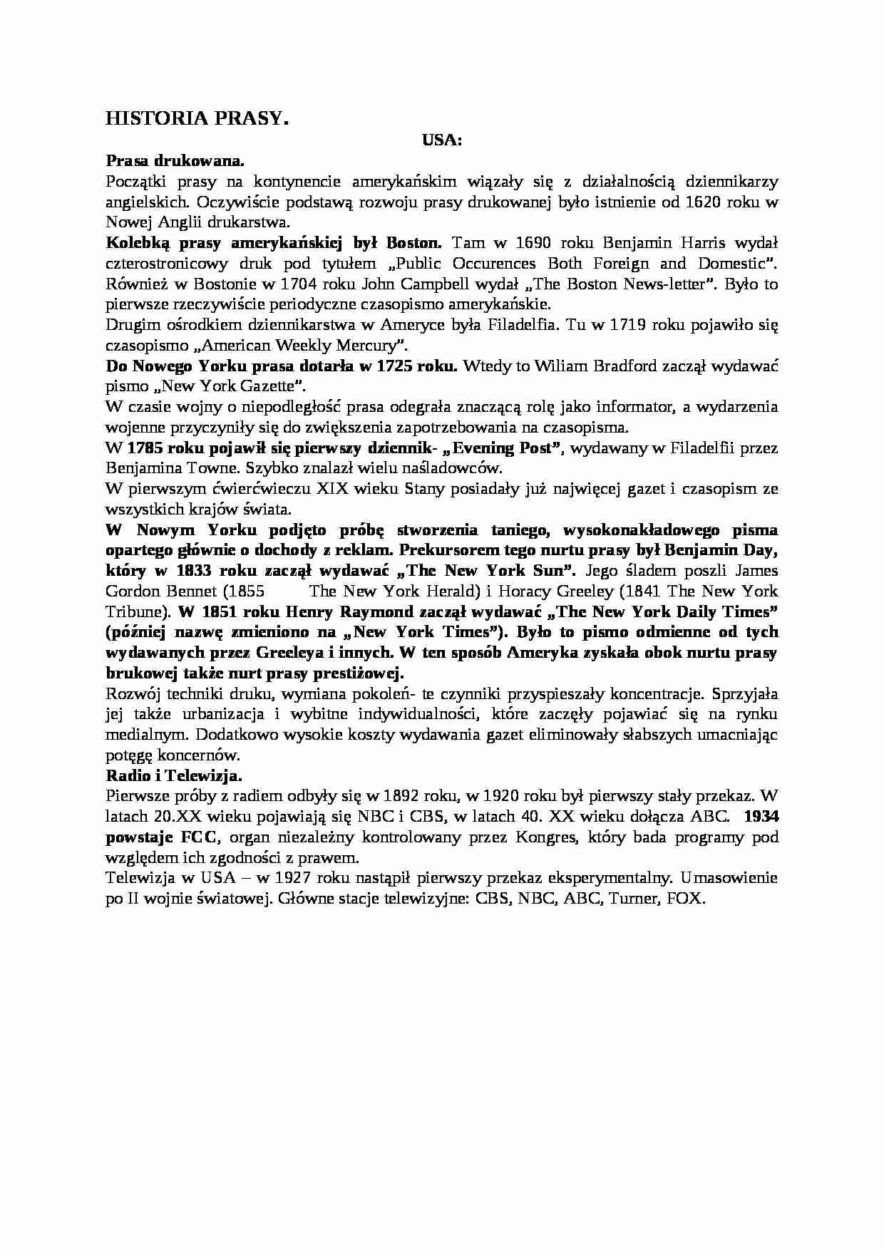 Historia prasy, USA-opracowanie - strona 1