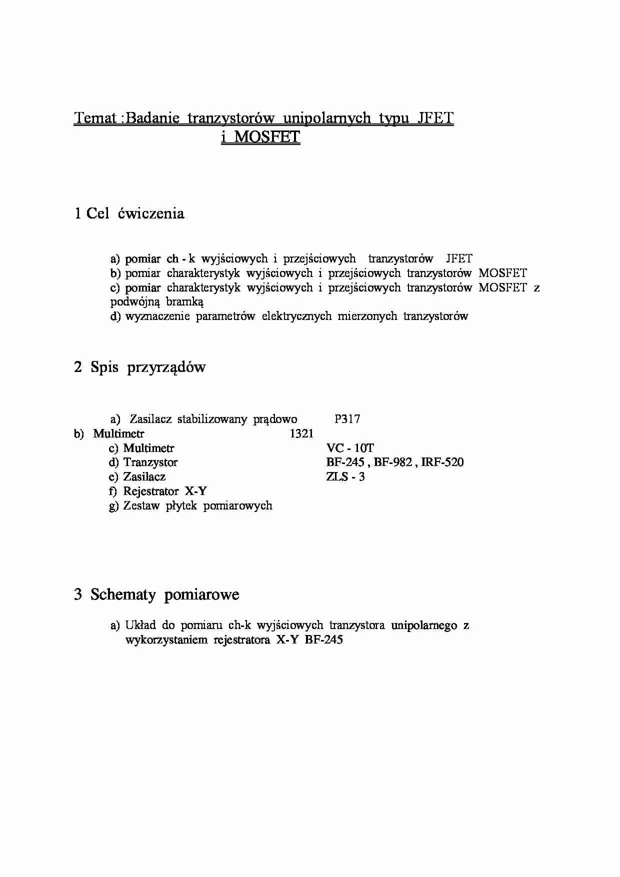 Badanie  tranzystorów  unipolarnych  typu  JFET i MOSFET - omówienie - strona 1