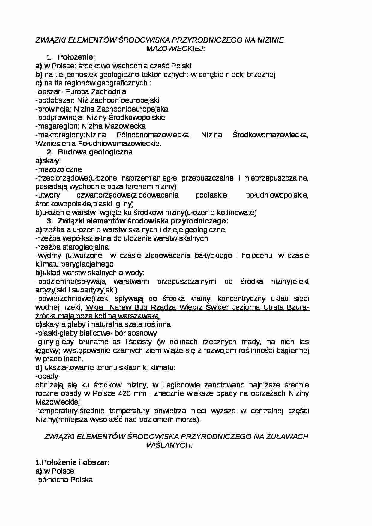 ZWIĄZKI ELEMENTÓW ŚRODOWISKA PRZYRODNICZEGO NA NIZINIE 							MAZOWIECKIEJ - strona 1