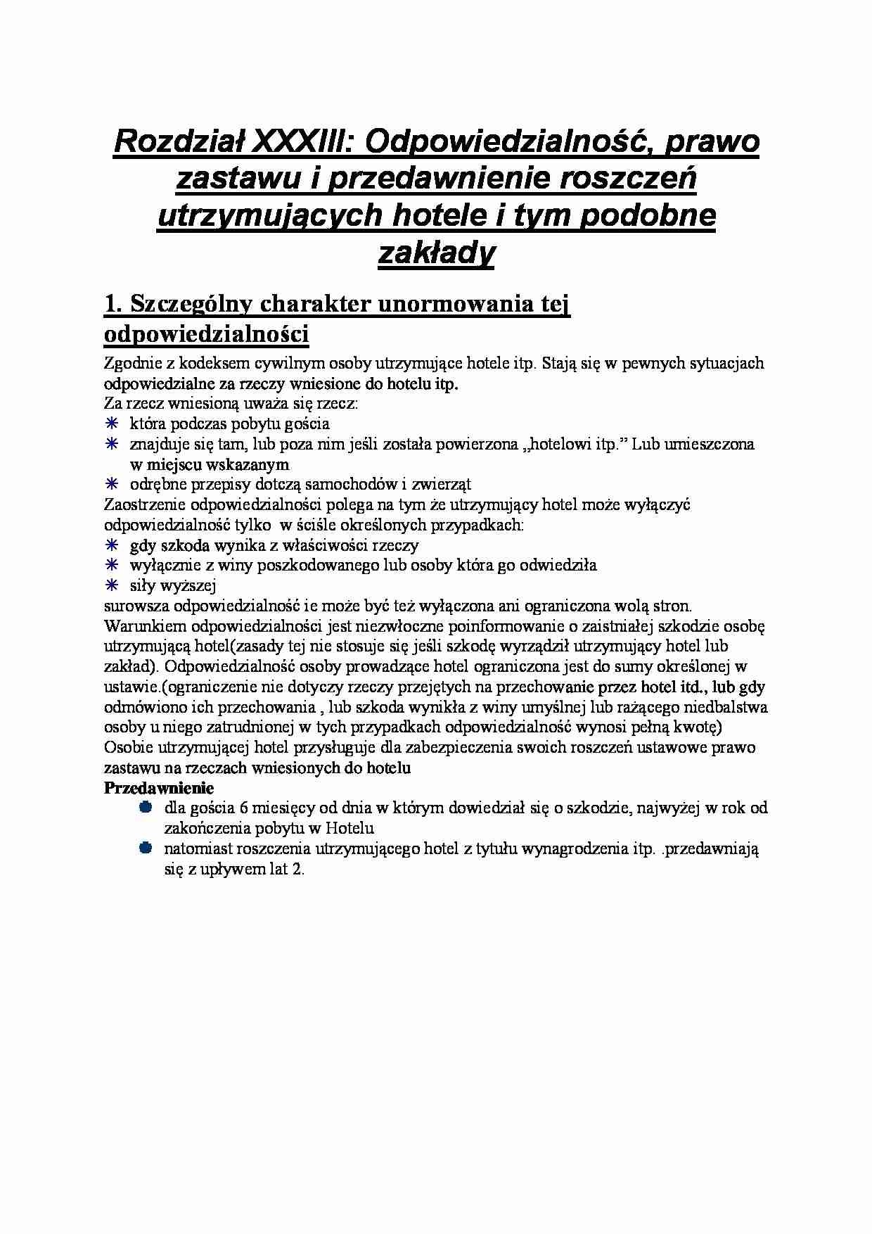 Rozdział XXXIII- Odpowiedzialność, prawo zastawu i przedawnienie roszczeń utrzymujących hotele i tym podobne zakłady - strona 1