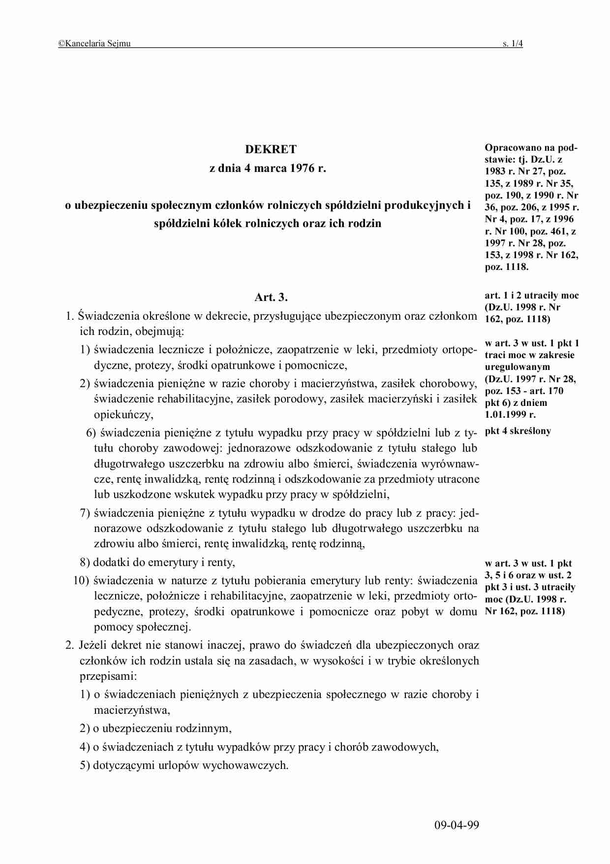 Dekret z dnia 4 marca 1976 r. o ubezpieczeniu społecznym członków rolniczych spółdzielni produkcyjnych - strona 1