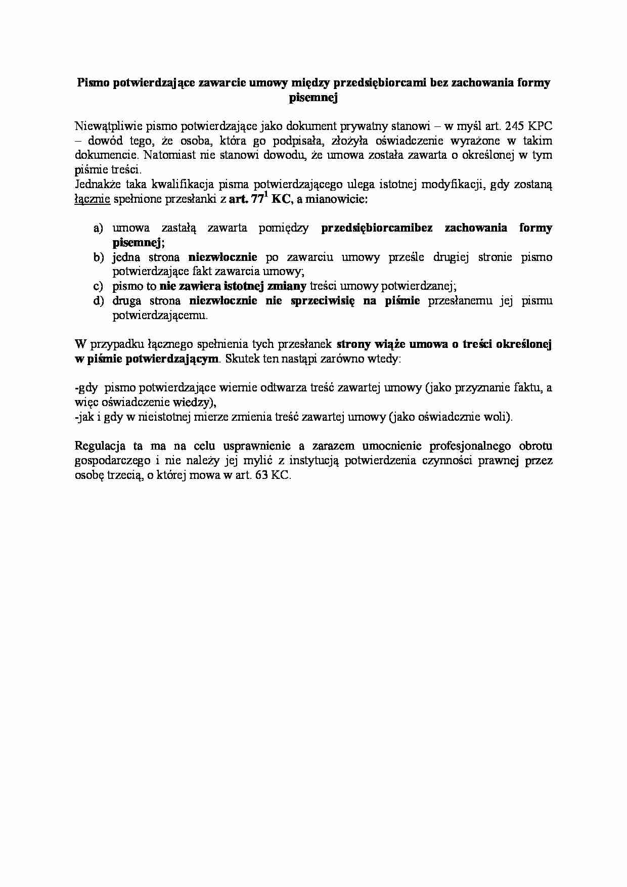 Pismo potwierdzające zawarcie umowy między przedsiębiorcami bez zachowania formy pisemnej - strona 1