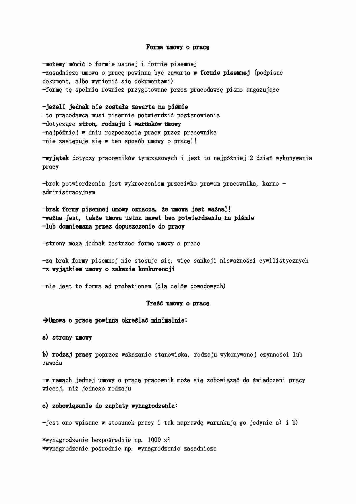 Forma i treść umowy o pracę - strona 1