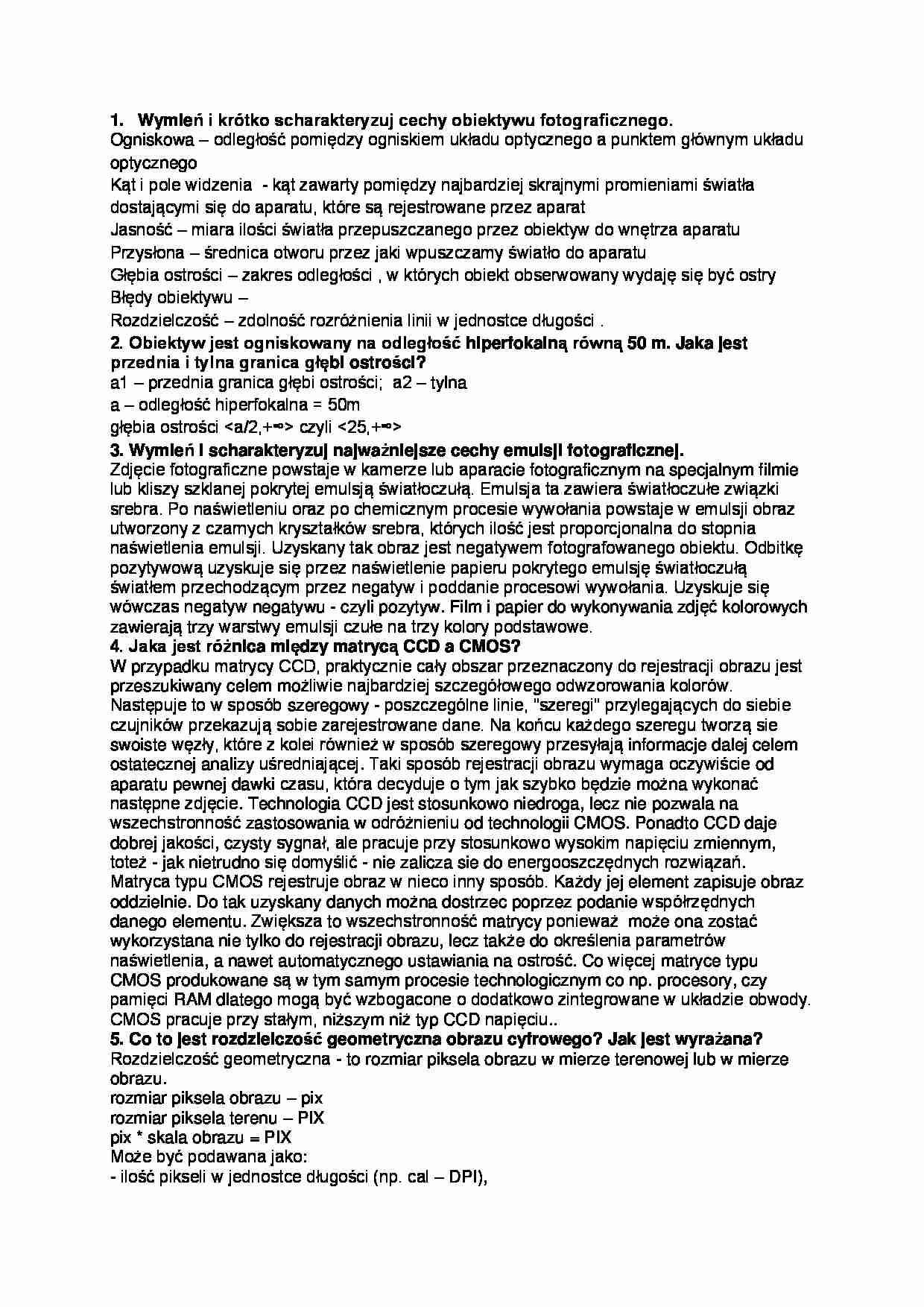 fotogrametria - opracowane pytania na kolokwium - strona 1