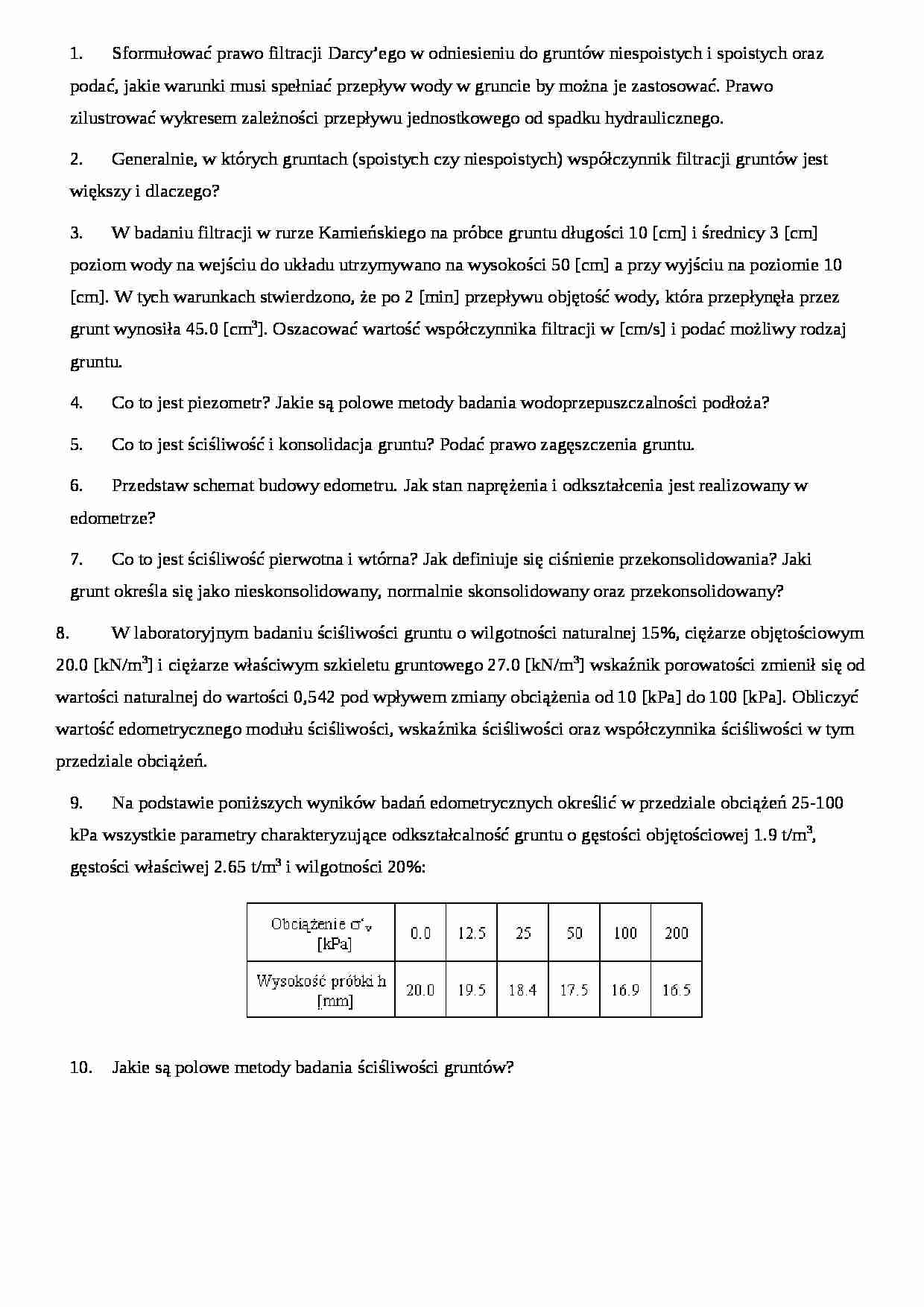 Przykładowe pytania z mechaniki gruntów - strona 1