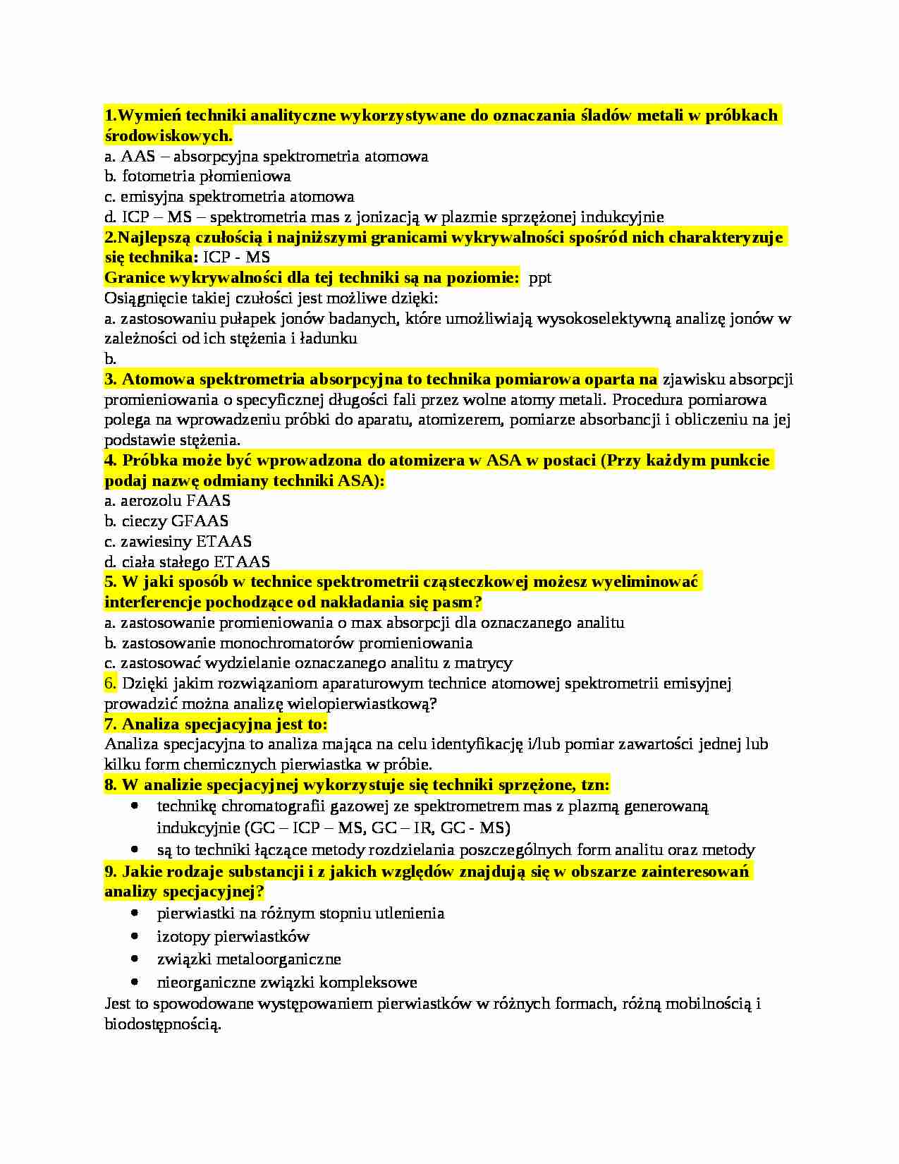 Analiza chemicznych zanieczyszczeń  środowiska -pytania egzaminacyjne - strona 1