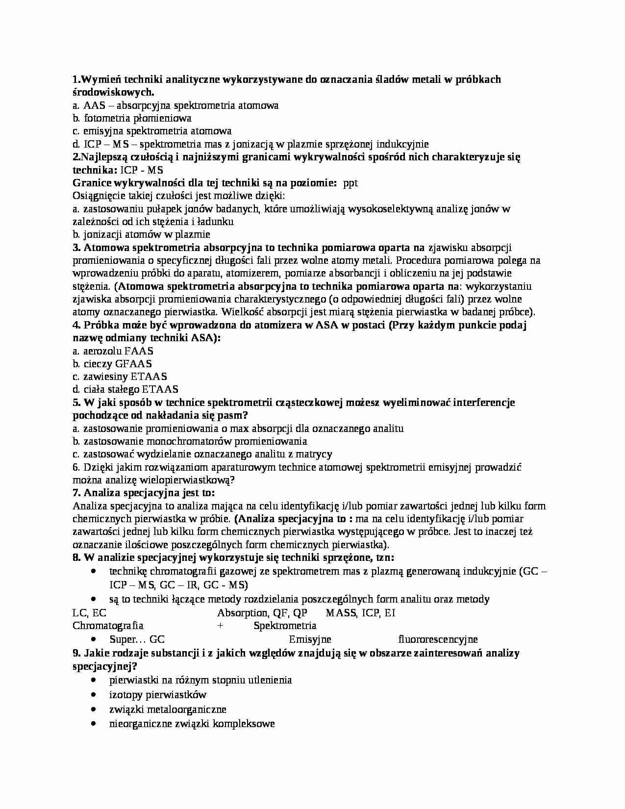 Analiza chemicznych zanieczyszczeń -  środowiska - pytania - strona 1