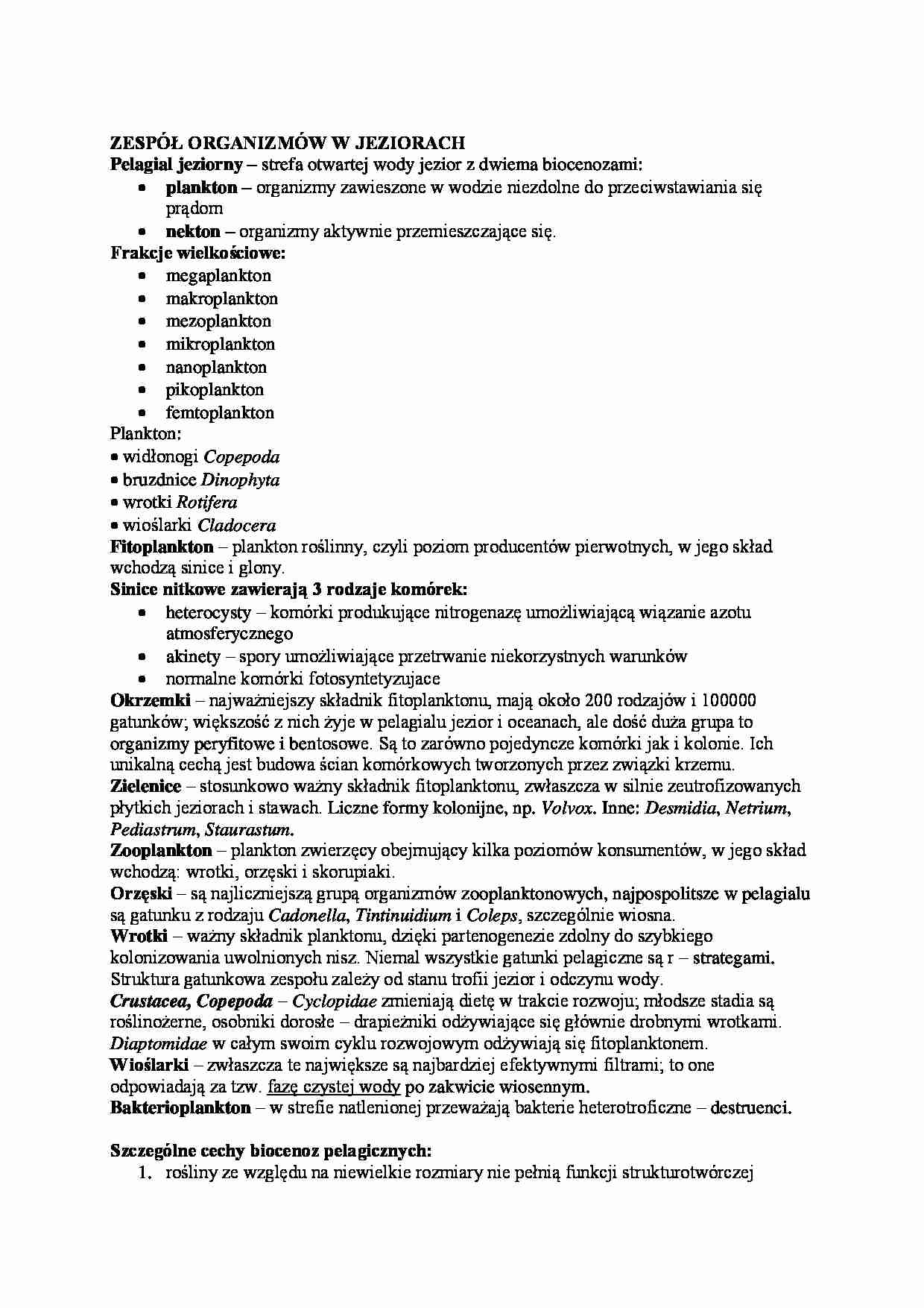 Zespół organizmów w jeziorach - omówienie - strona 1