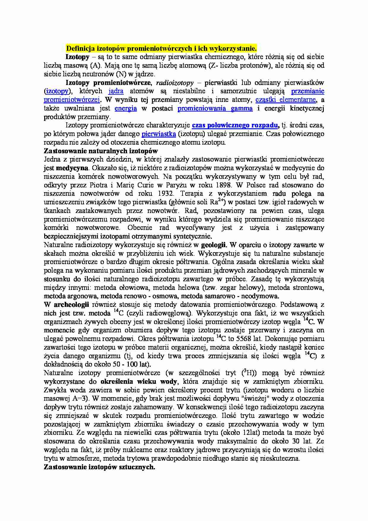 Definicja izotopów promieniotwórczych i ich wykorzystanie - omówienie - strona 1