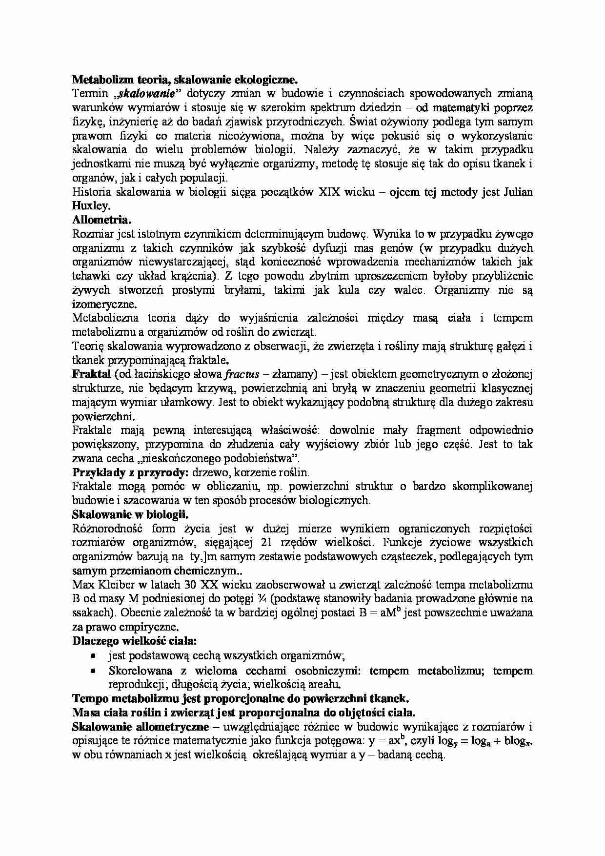 Metabolizm teoria,skalowanie ekologiczne - omówienie - strona 1