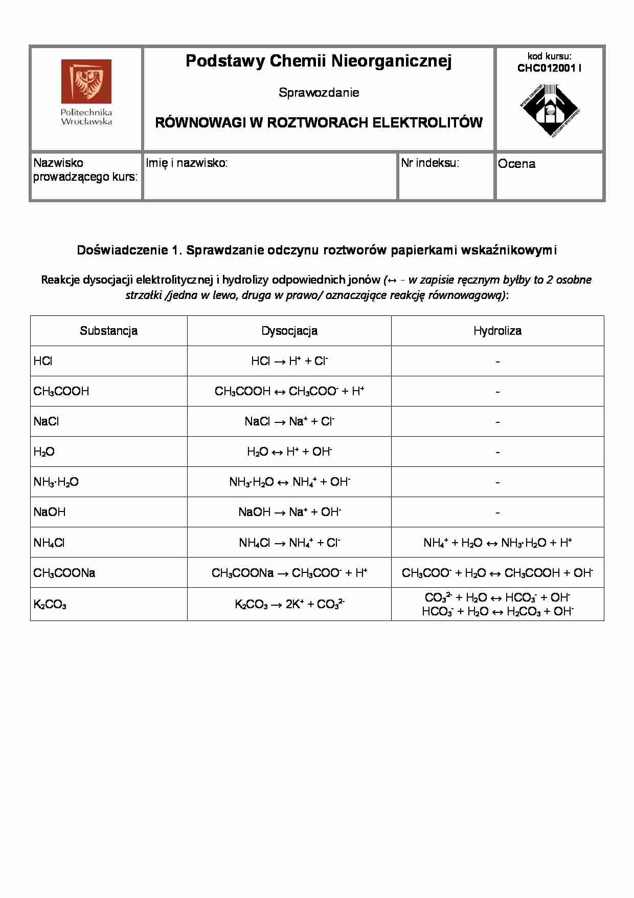 Równowagi w roztworach elektrolitów - omówienie - strona 1